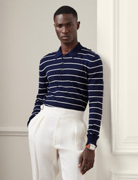 Pull rayé à col polo en coton - Spring Navy &  Optic White