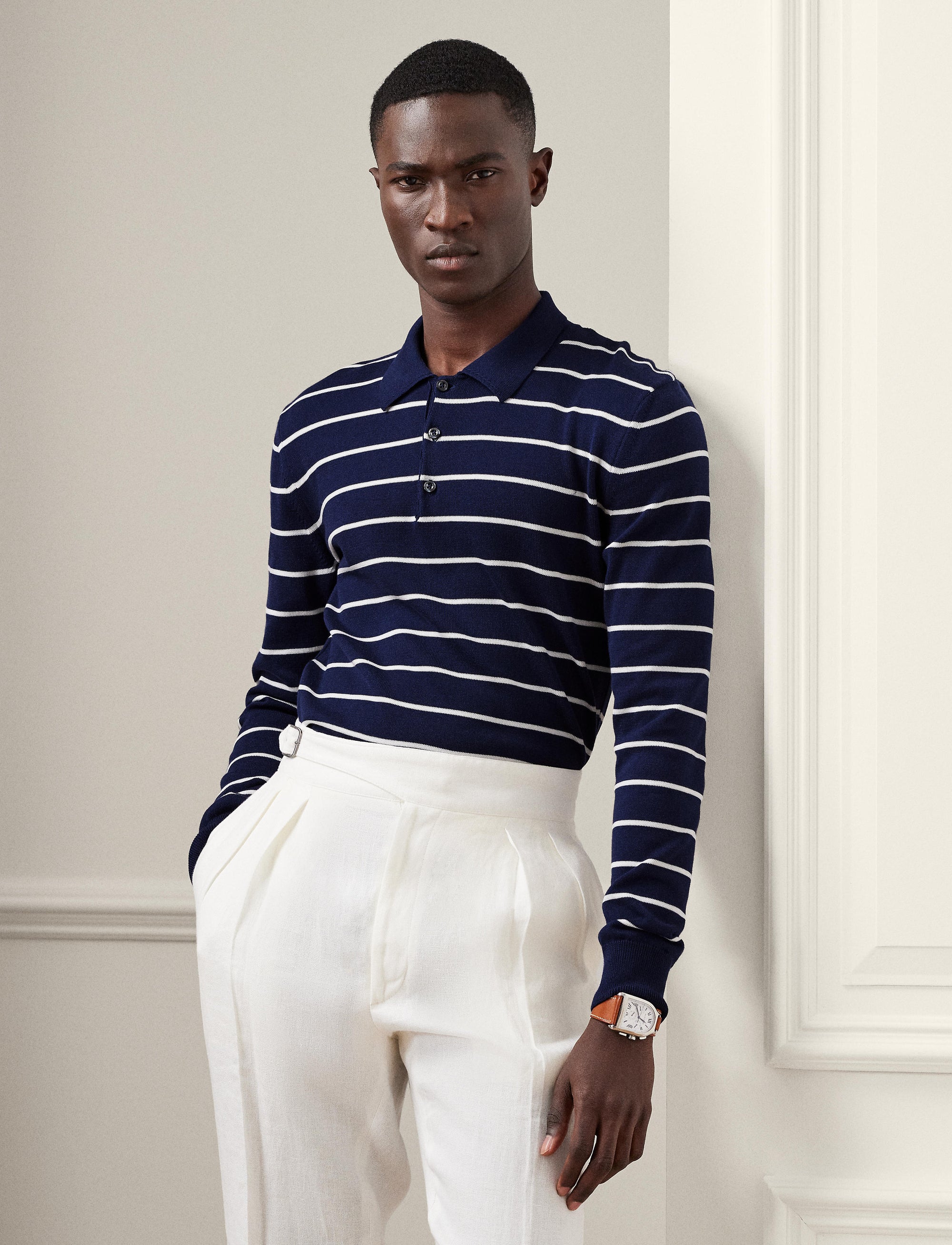 Pull rayé à col polo en coton - Spring Navy &  Optic White