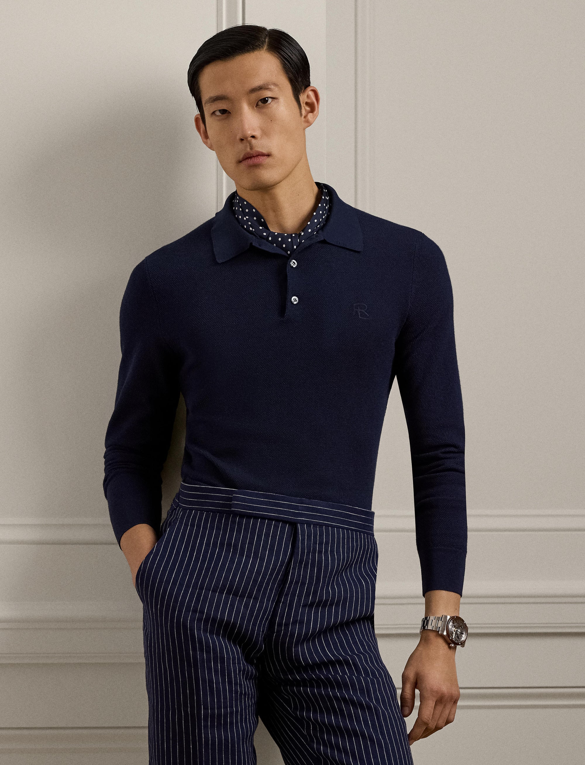 Pull texturé col polo en soie - Classic Chairman Navy