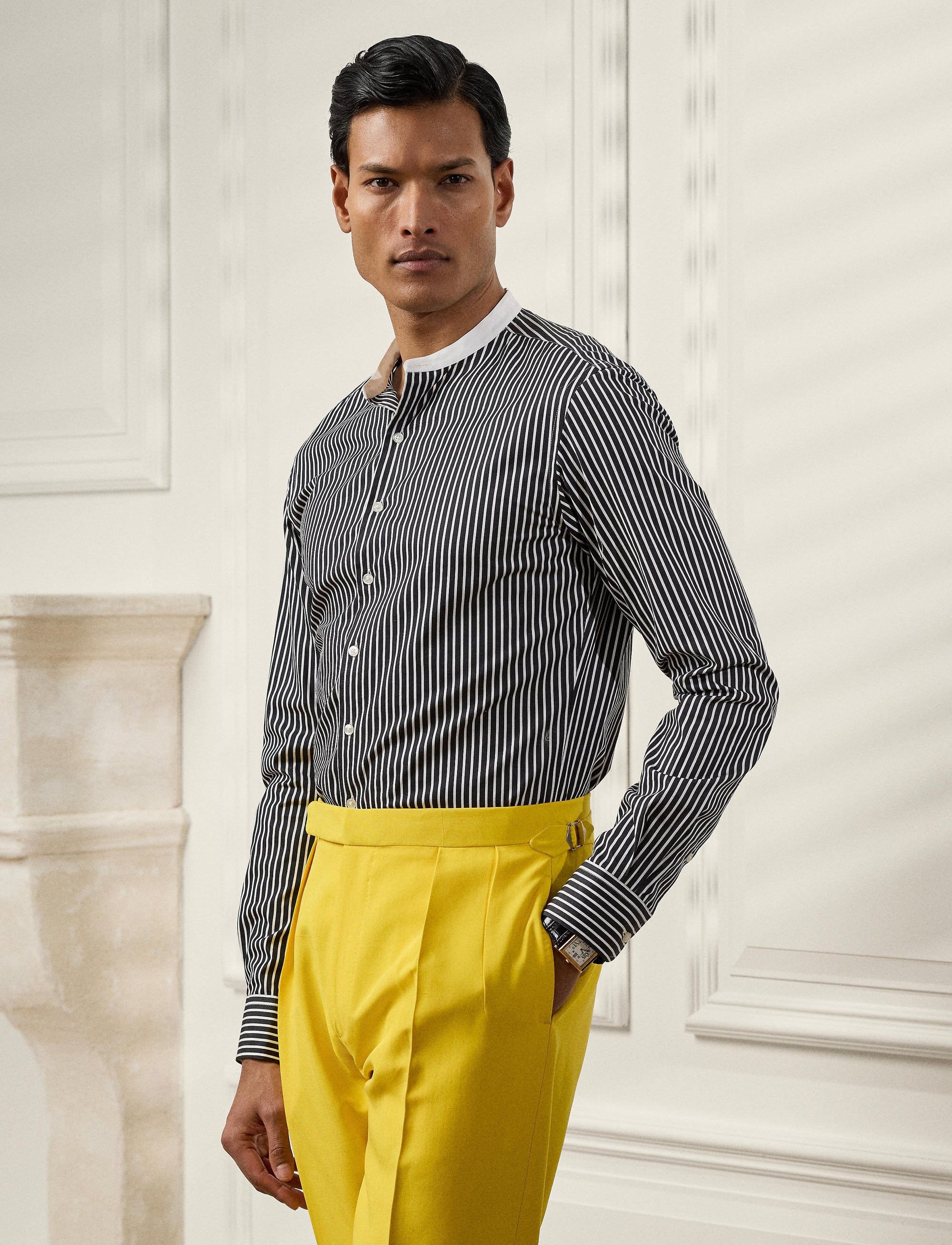 Chemise rayée col contrasté en popeline - White & Black