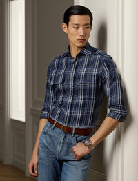 Tartan linen twill shirt - Indigo Blue