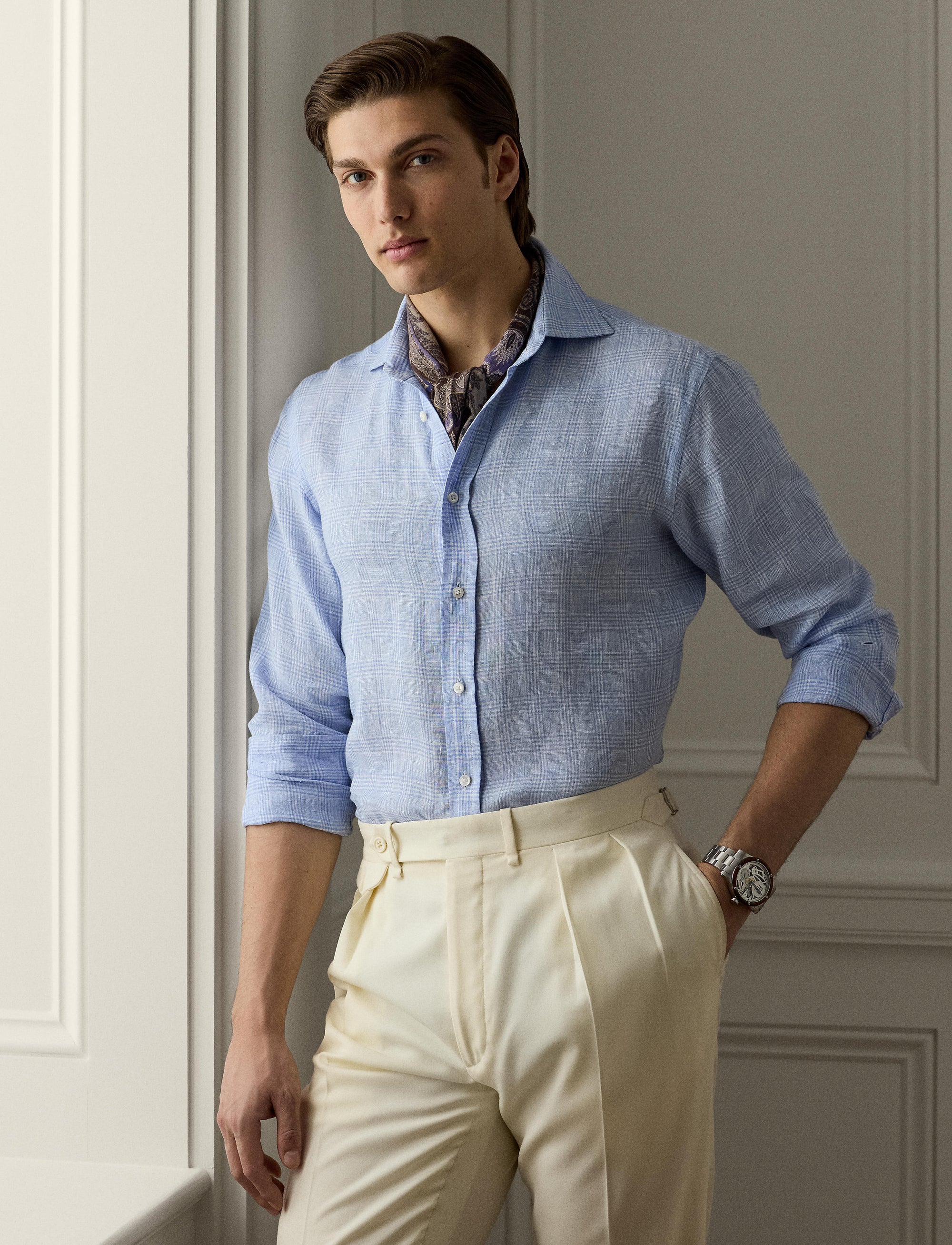 Chemise à motif prince-de-galles en lin - Blue