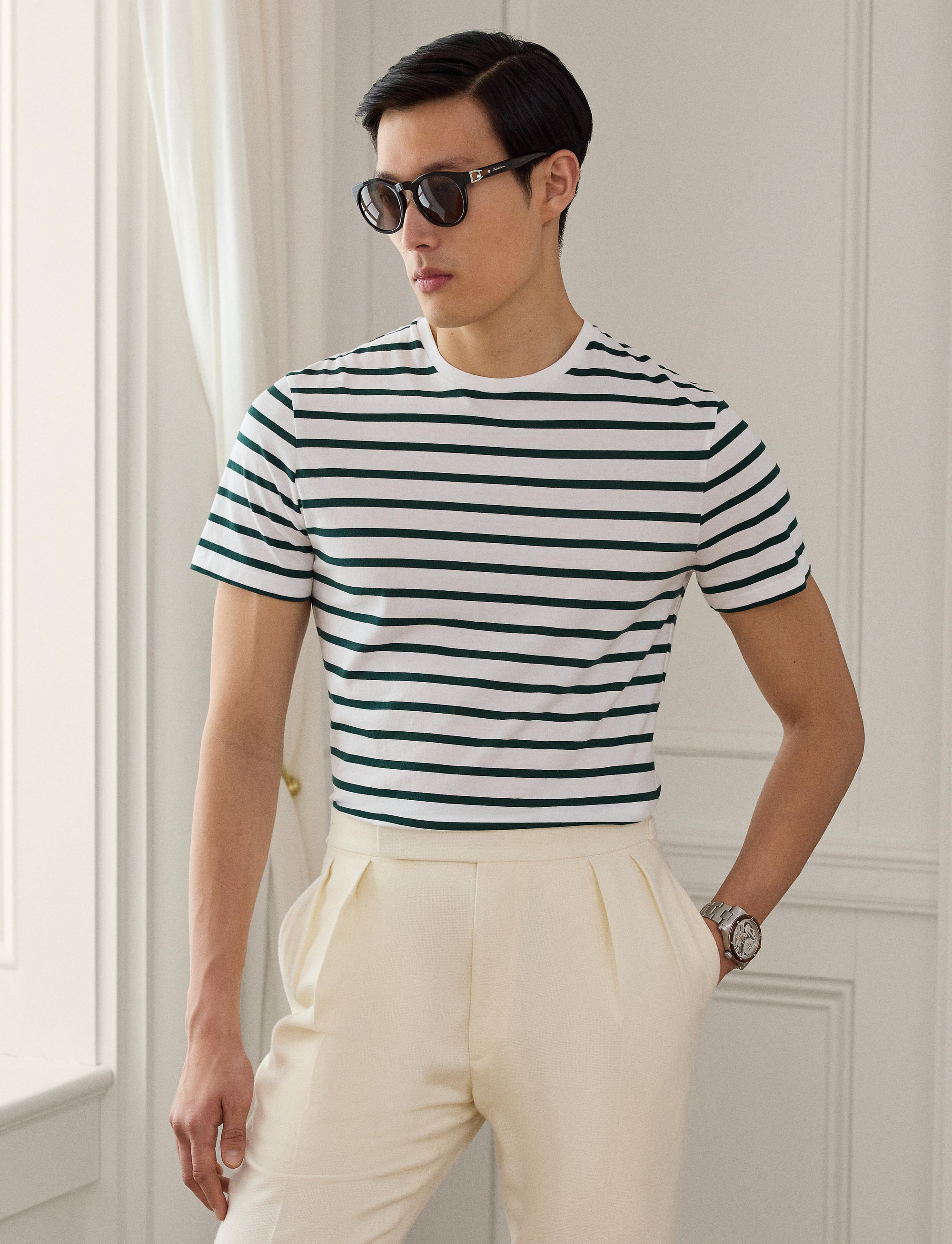 T-shirt rayé à col rond en fil d'Écosse - Classic, White & Multicolore