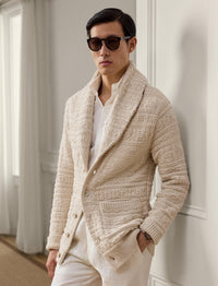 Cardigan ceinturé en coton et laine texturée - Limestone & Multicolore