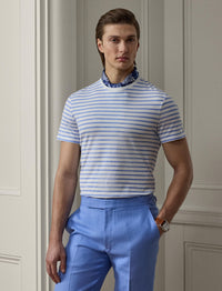 T-shirt rayé à col rond en fil d'Écosse - Deckwash White & Cornflower Blue