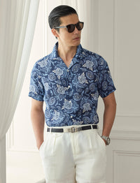 Chemise safari à motif  en lin - Navy Tonal