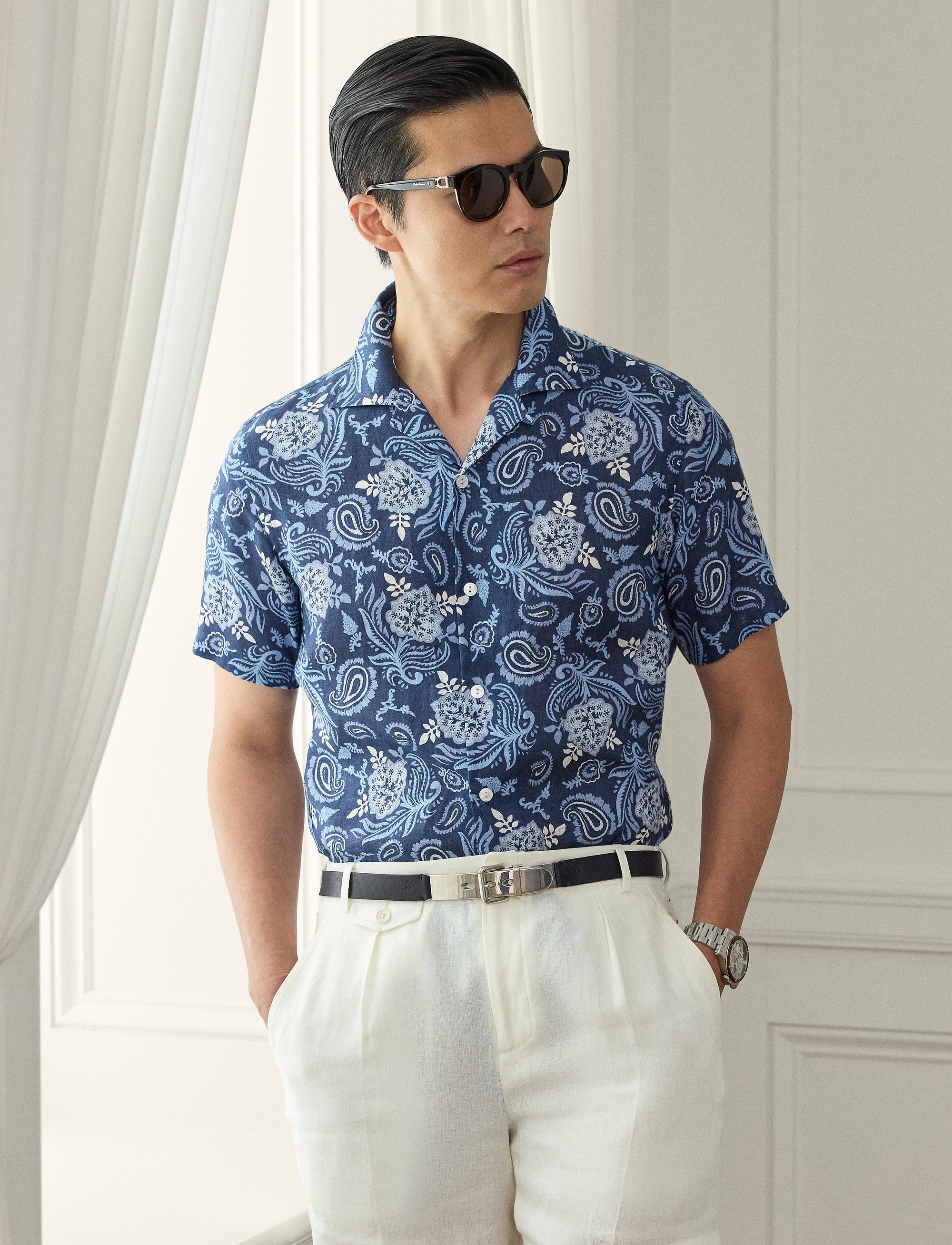 Chemise safari à motif  en lin - Navy Tonal