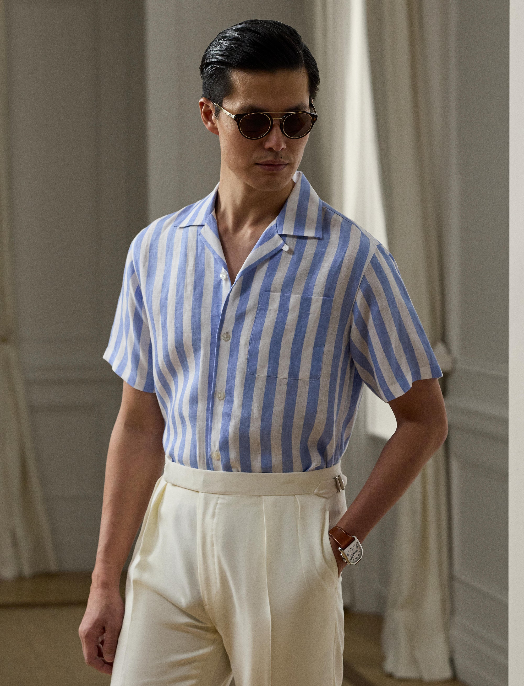 Chemise safari rayée en lin - Cornflower Blue & White