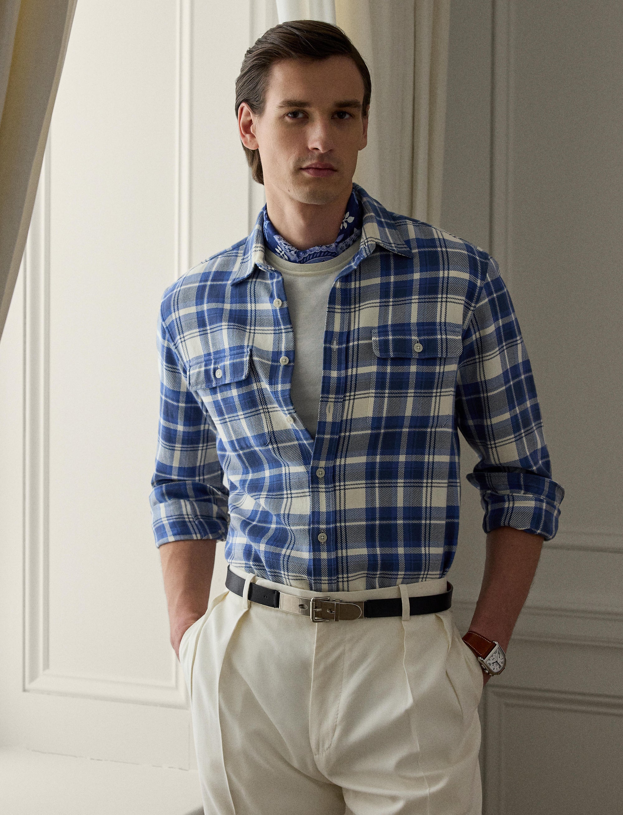 Chemise en sergé écossais - Blue & Cream