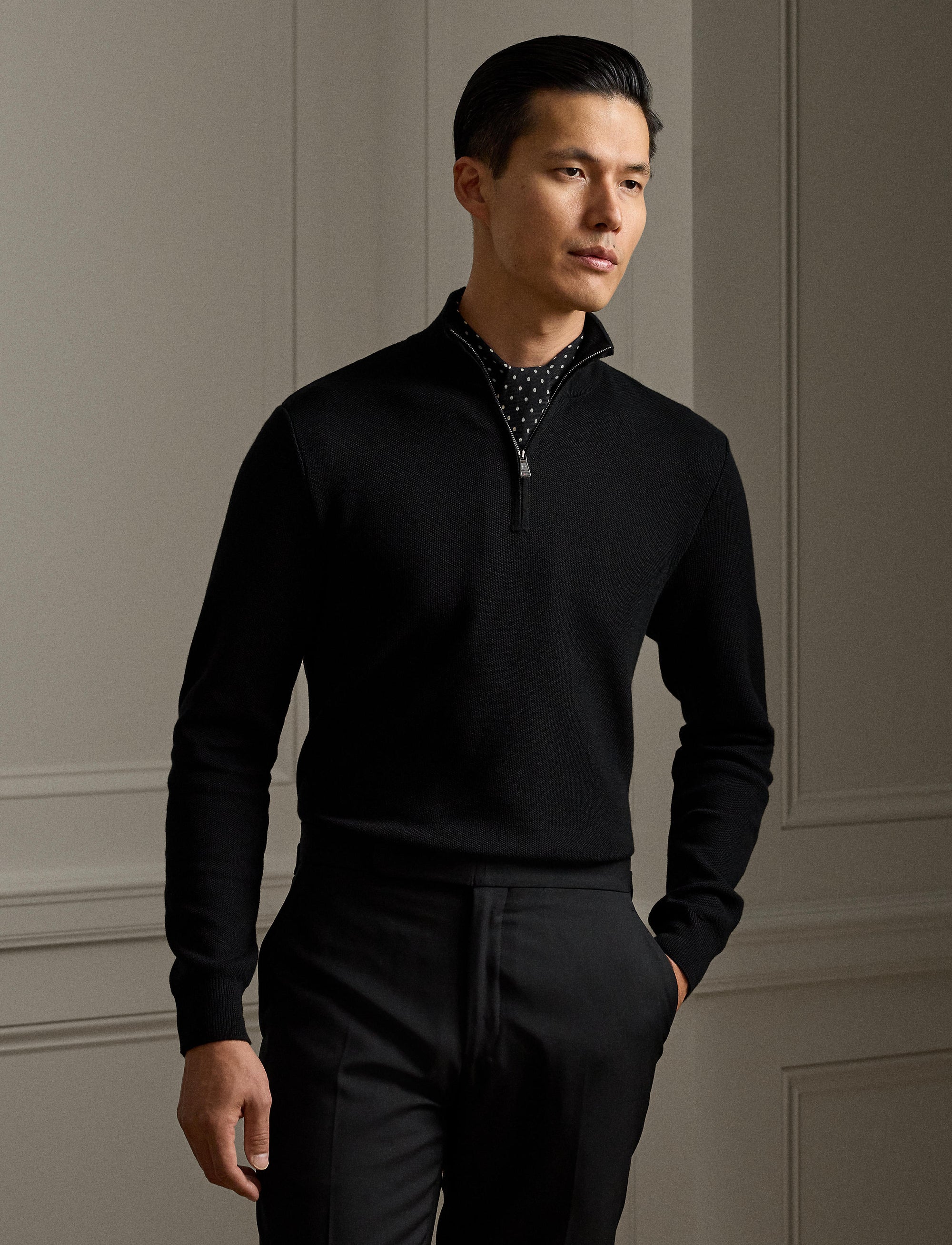Pull demi-zippé en laine piquée - Polo Black