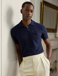 Pull texturé col polo en soie et lin mélangé - Classic Chairman Navy