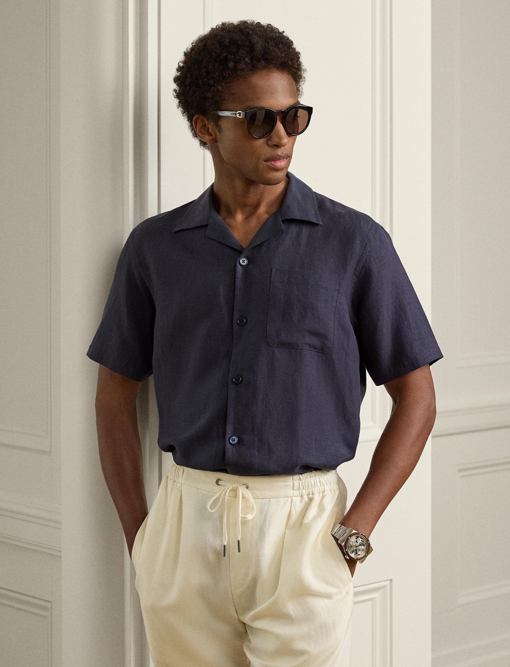 Silk and linen blend camp shirt - Classic Chairman Navy