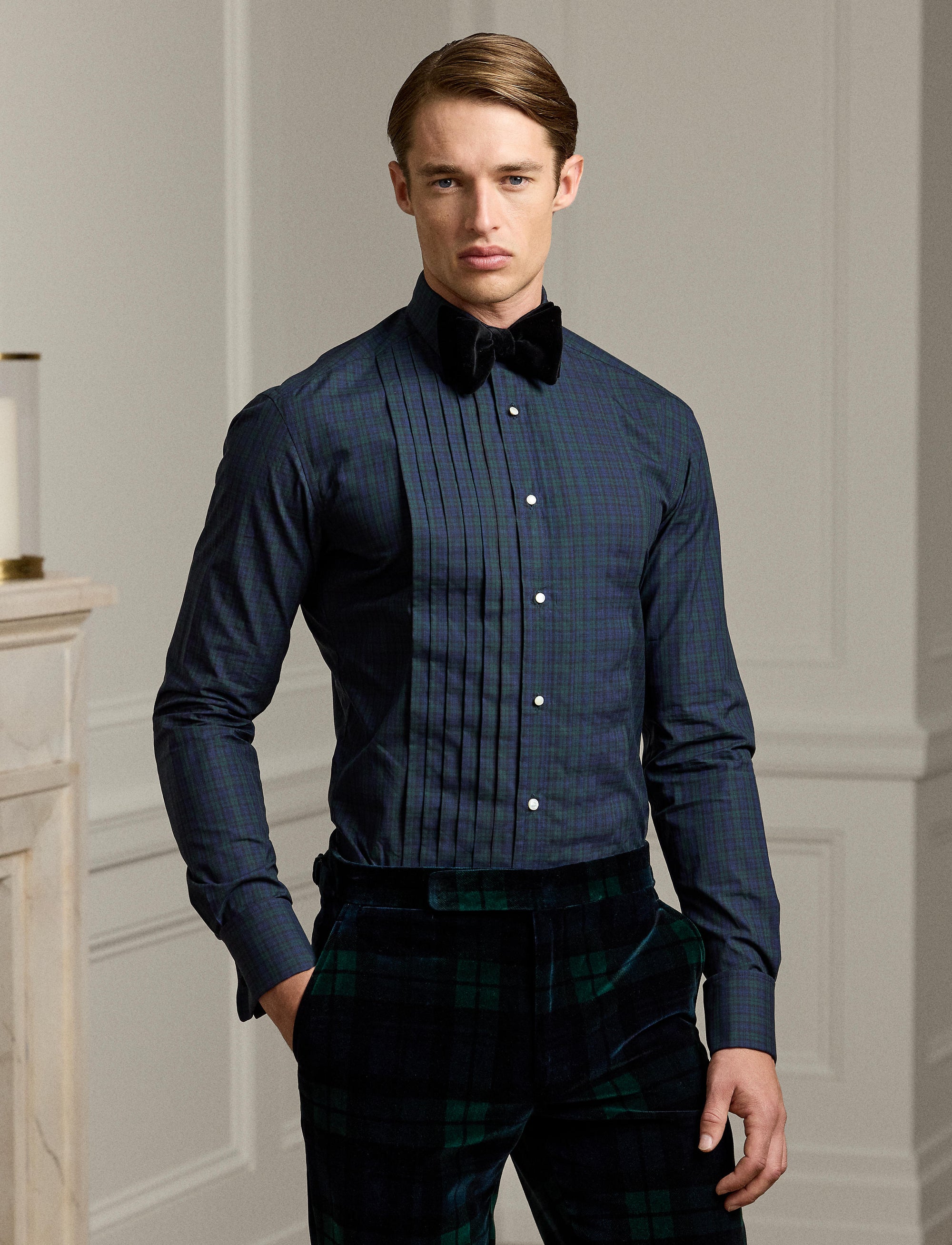 Chemise de smoking écossaise en popeline - Black, Navy & Green