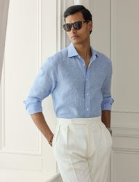Linen micro houndstooth shirt - Cornflower Blue & White