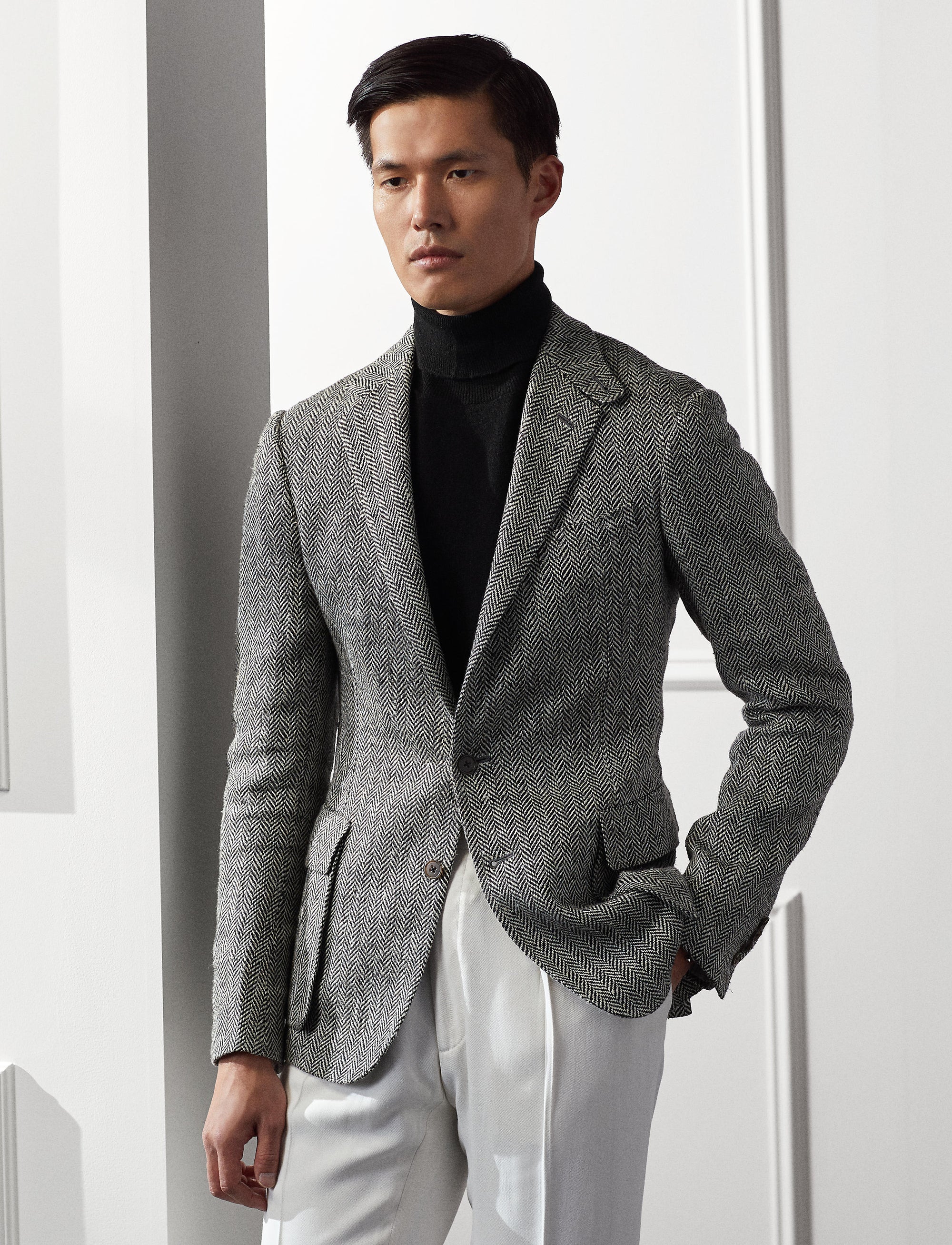 Kent herringbone blazer in linen and silk blend - Cream & Black