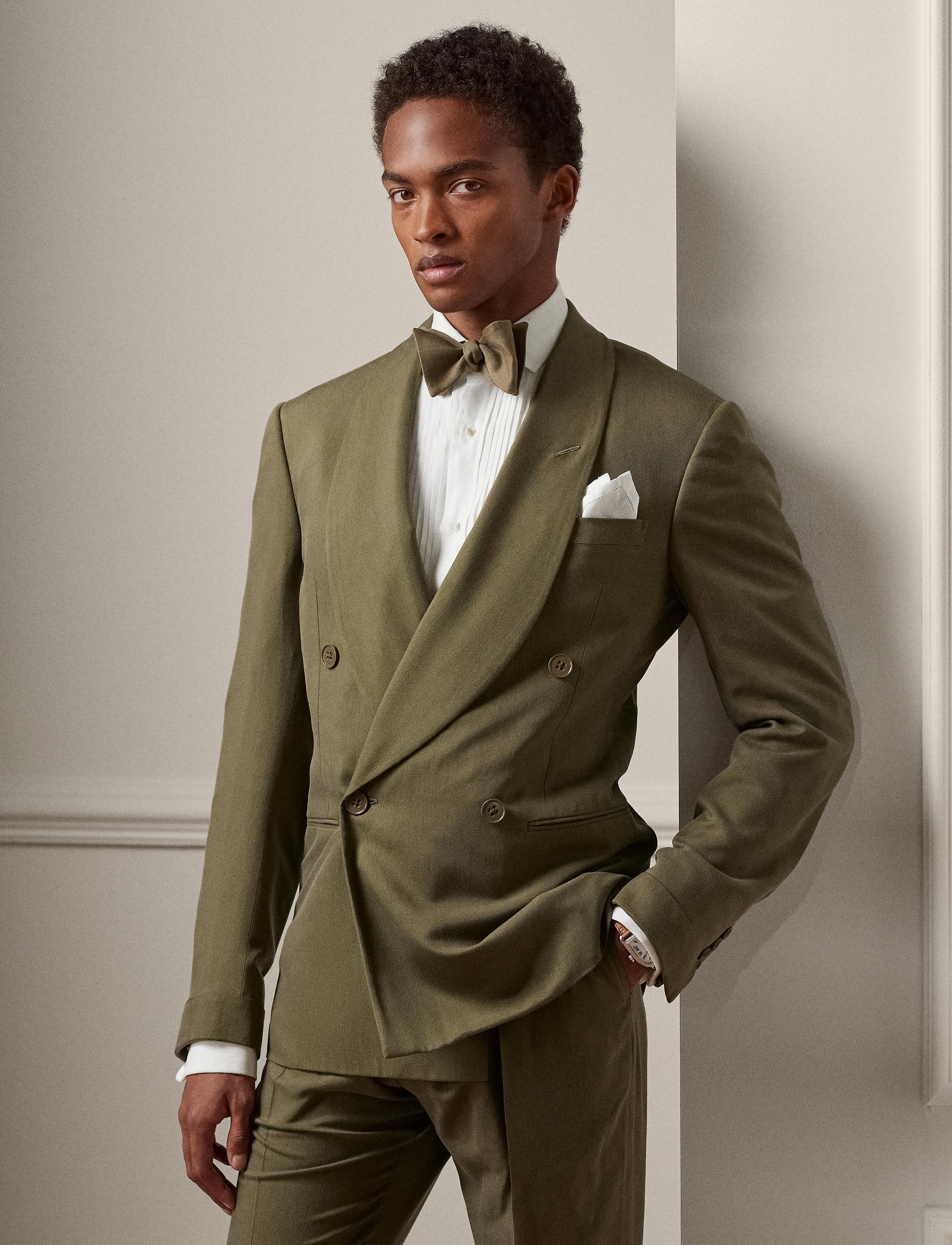 Veste Kent confectionnée main en gabardine de soie - Olive Night