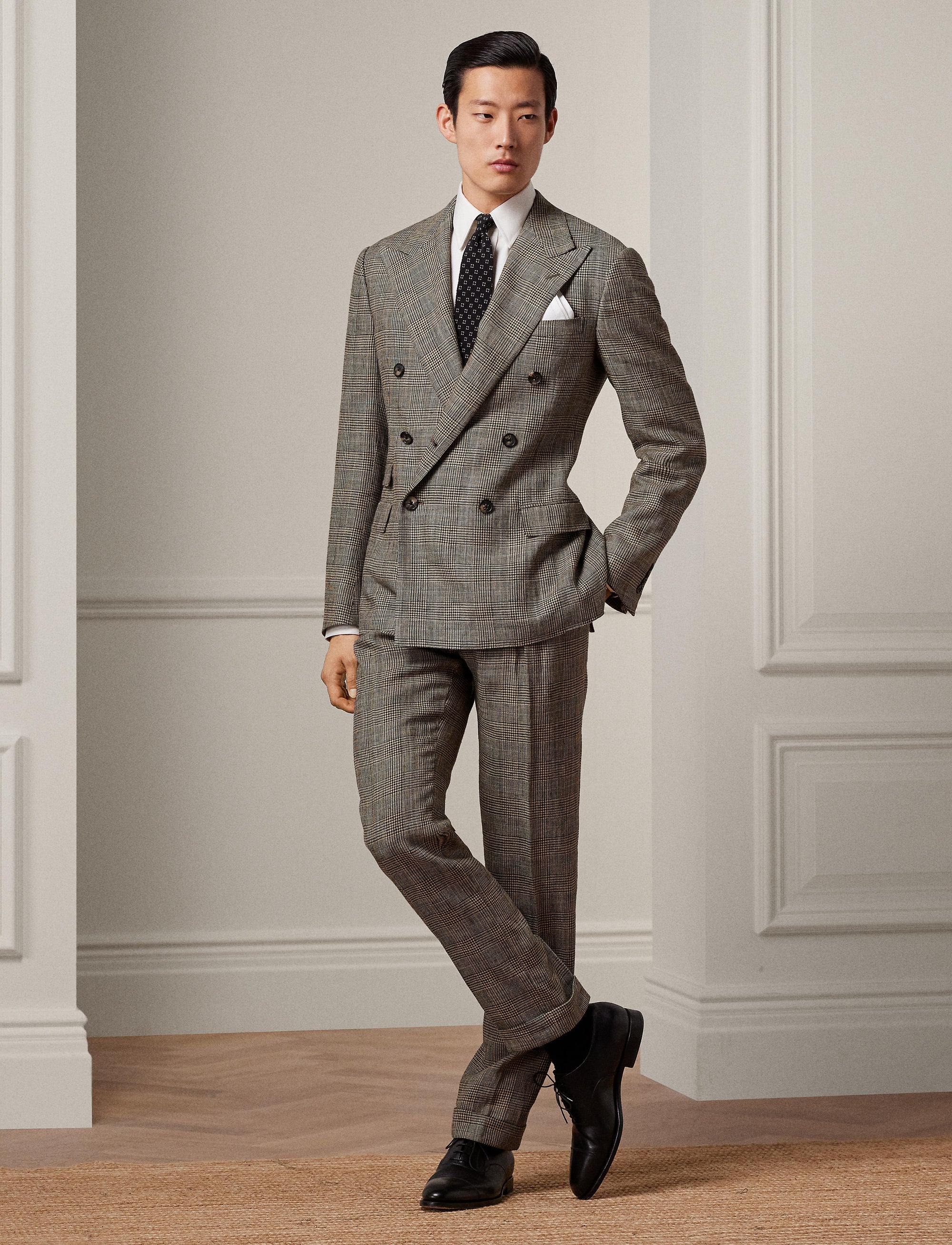 Ralph tartan suit in silk and linen blend - Vintage Cream & Black With Blue Deco