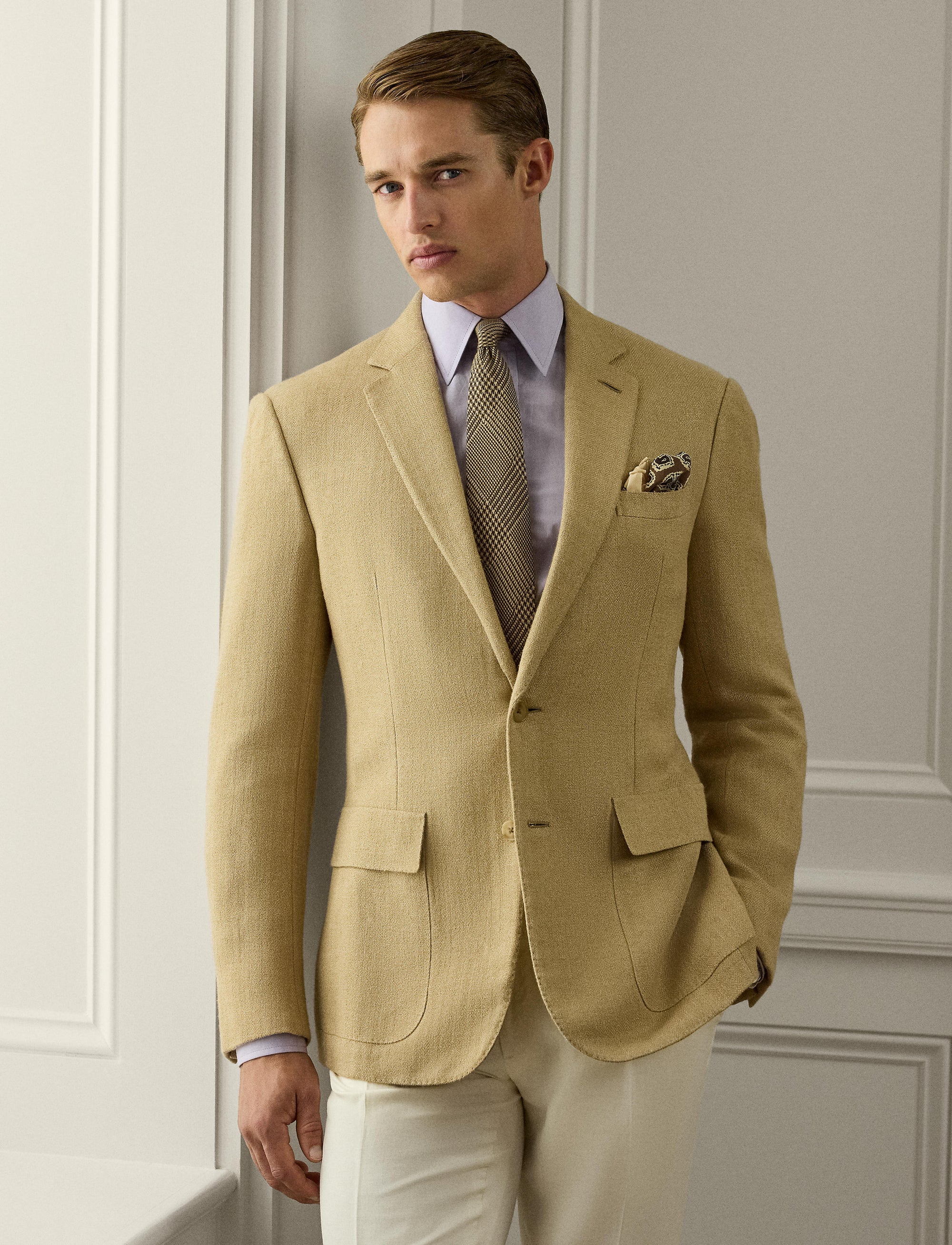 Veste Kent à chevrons en cachemire et soie mélangé - Tan