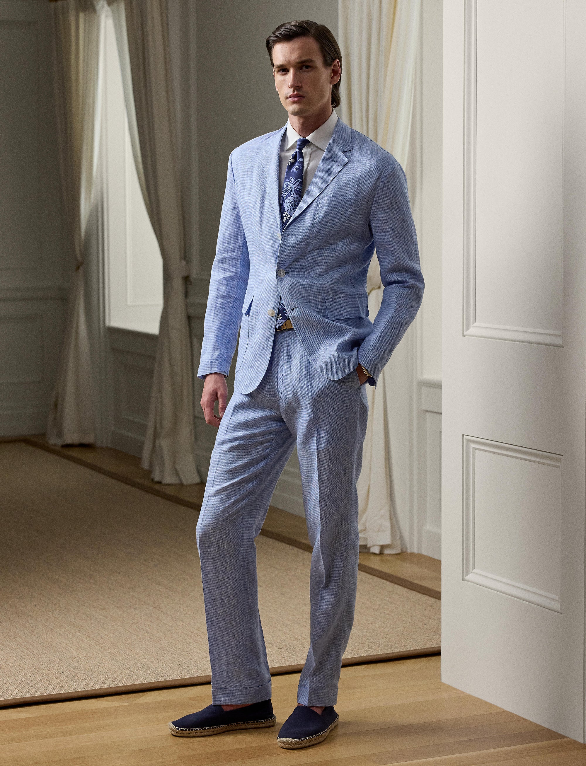 Glenn linen houndstooth trousers - Cornflower Blue & White