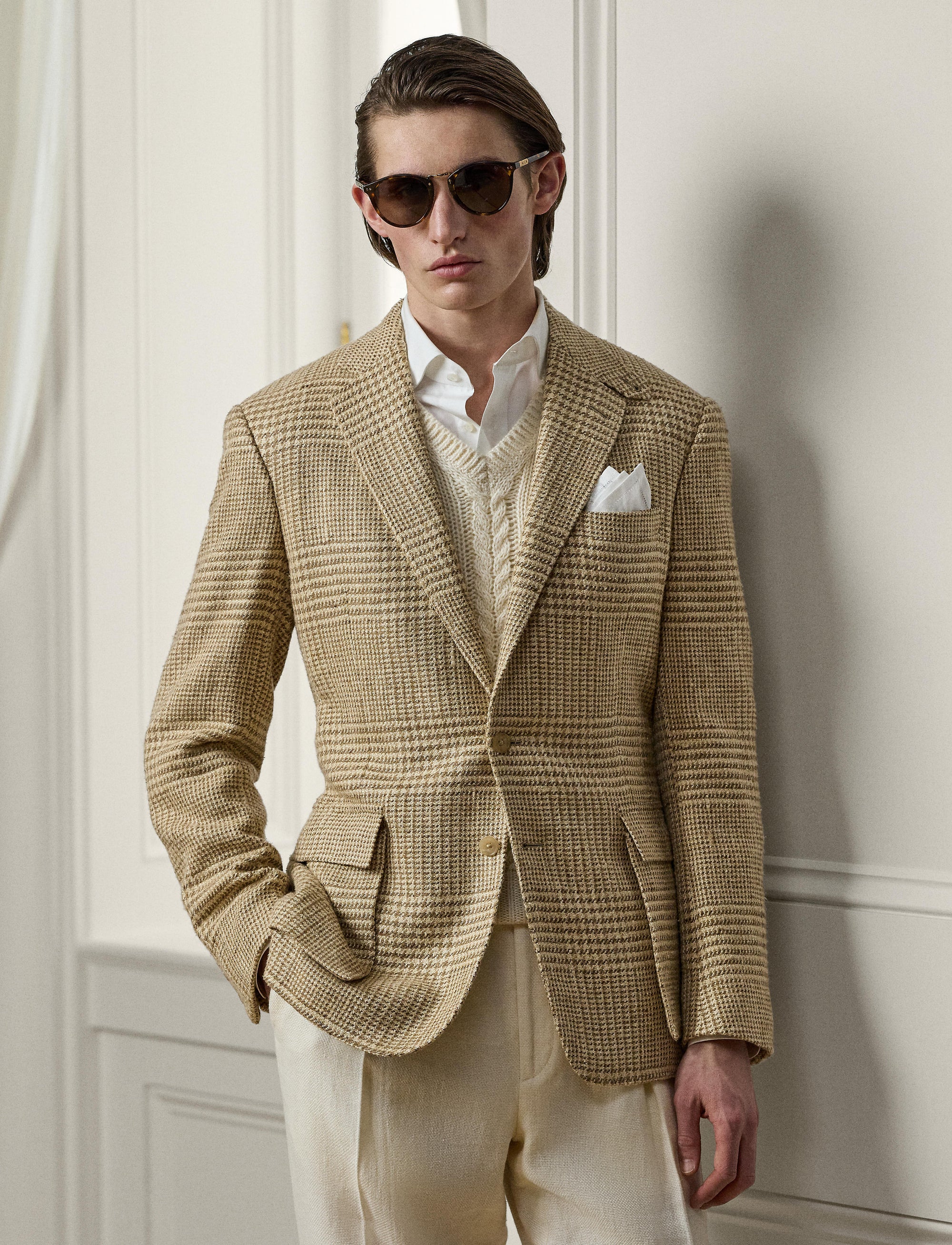 Veste Kent prince-de-galles en soie - Tan & Cream