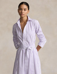 Belted cotton striped shirt-dress - White & Purple