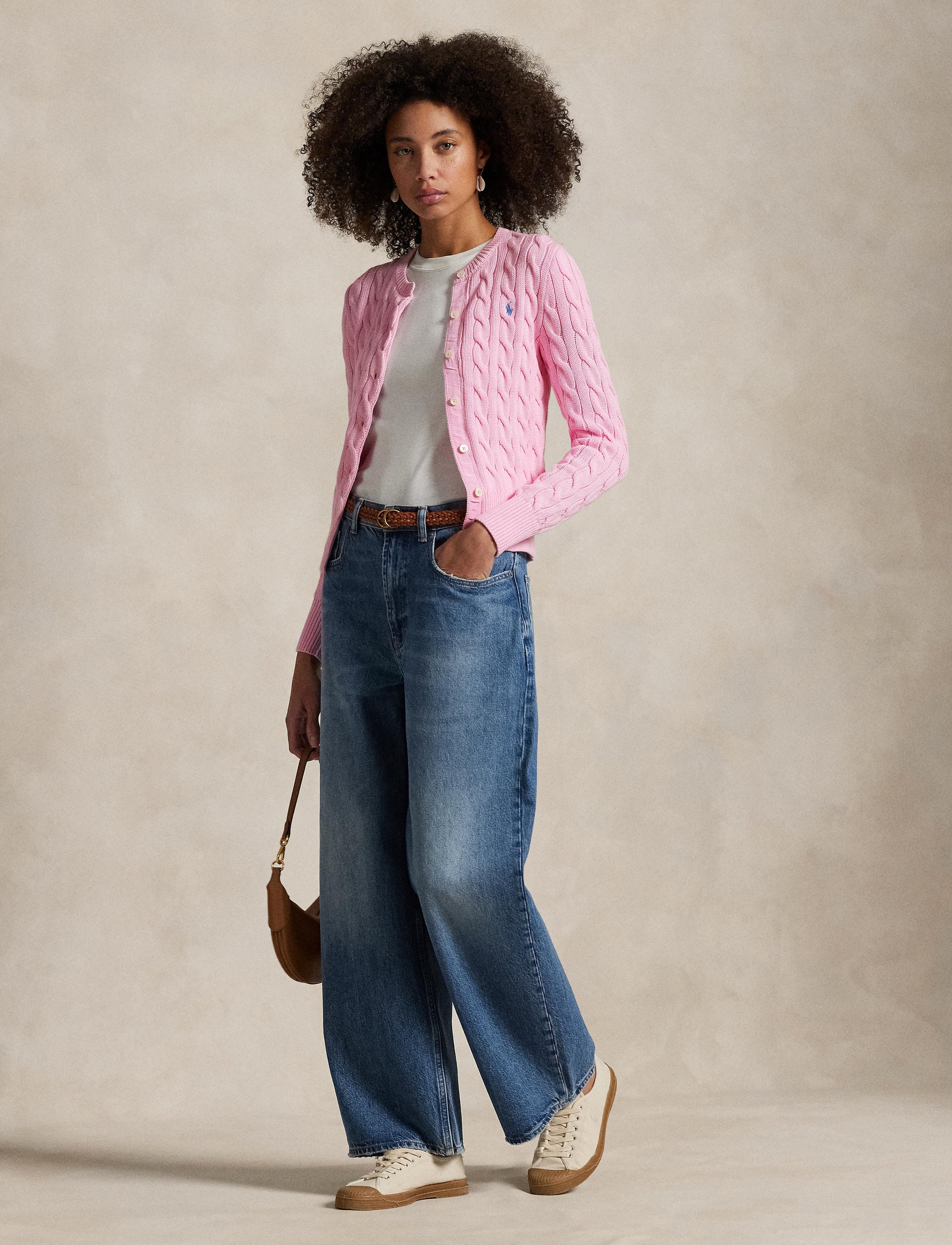 Cardigan torsadé à col rond en coton - Carmel Pink