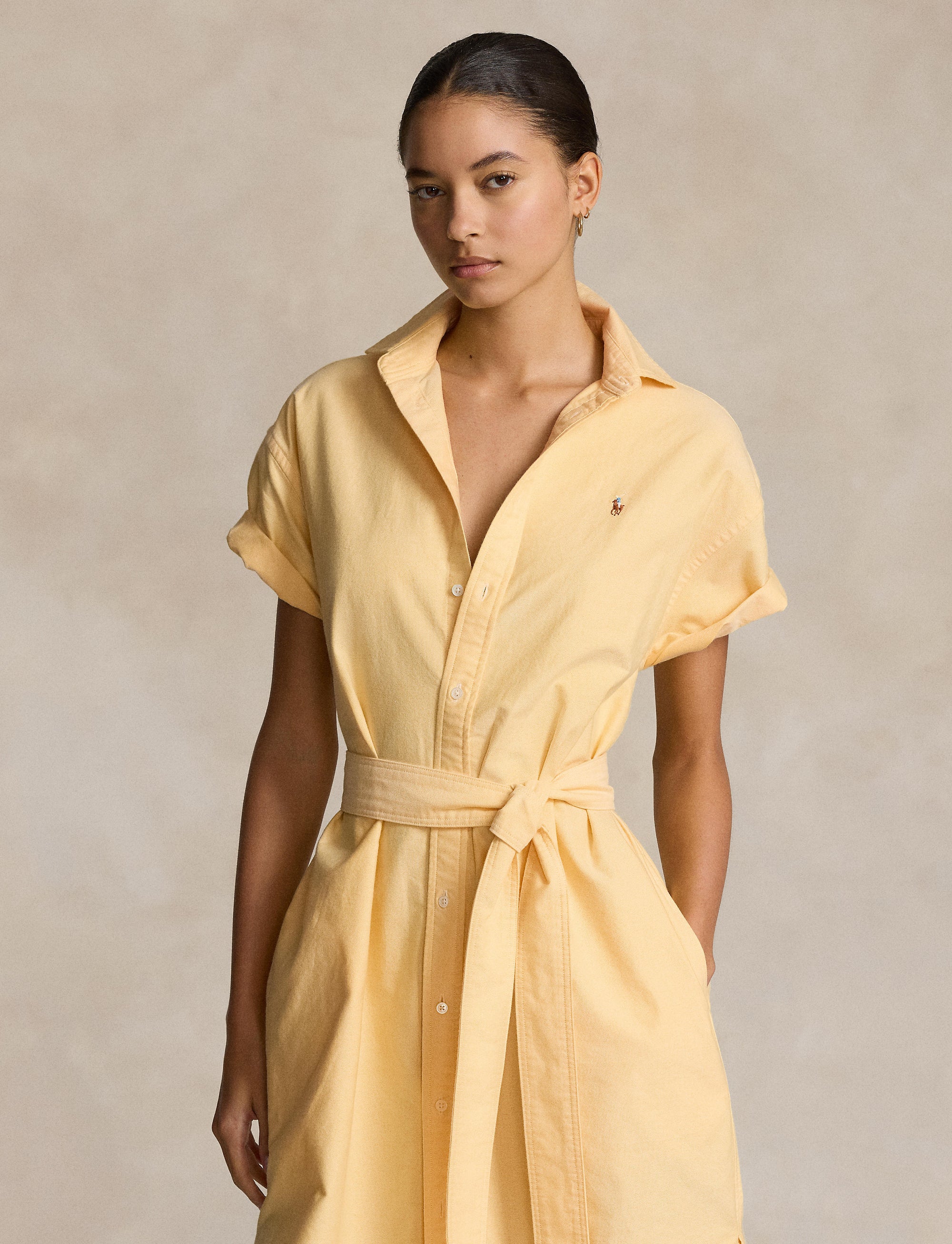 Robe-chemise ceinturée à manches courtes - Yellow
