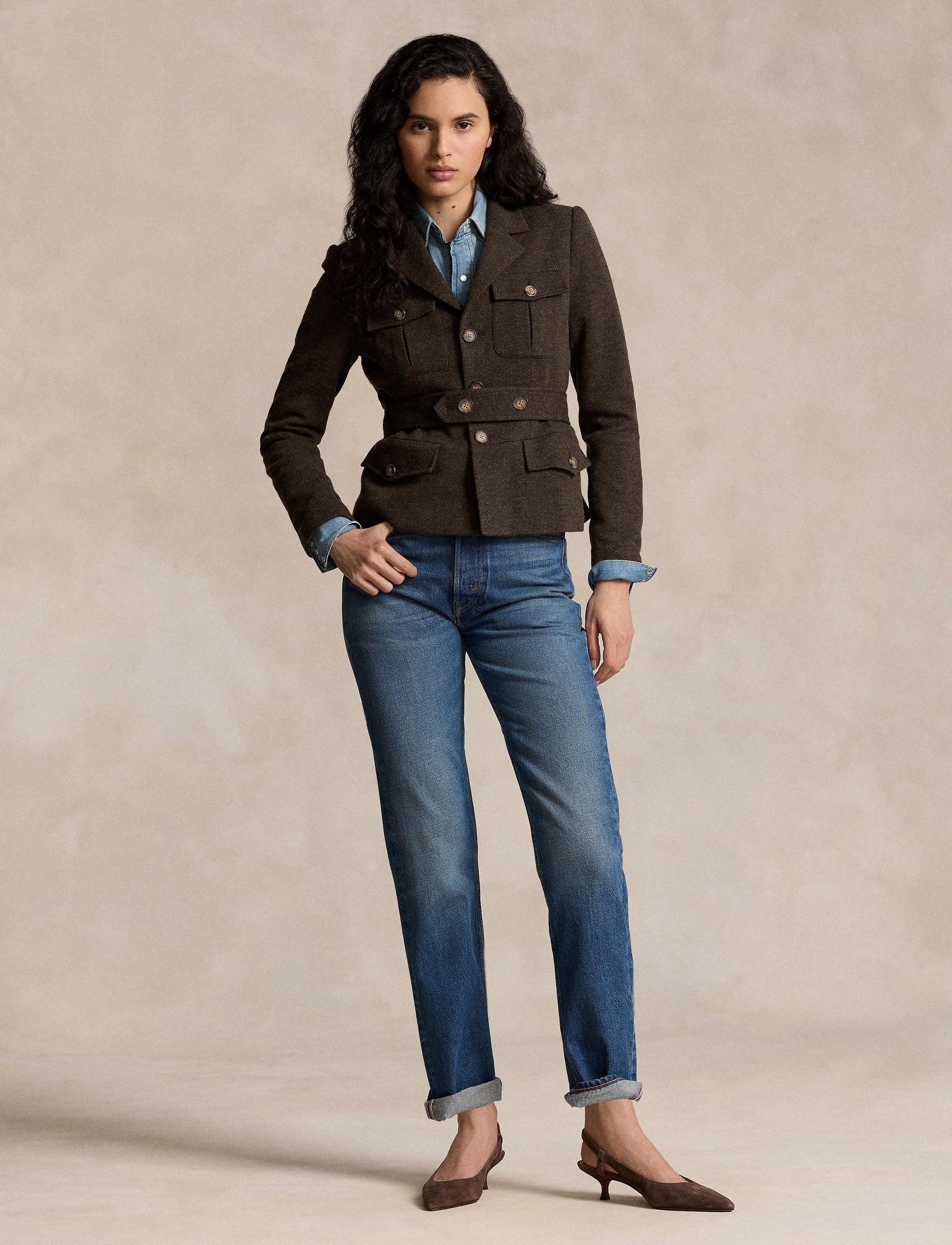Blazer ceinturé à chevrons en laine - Loden
