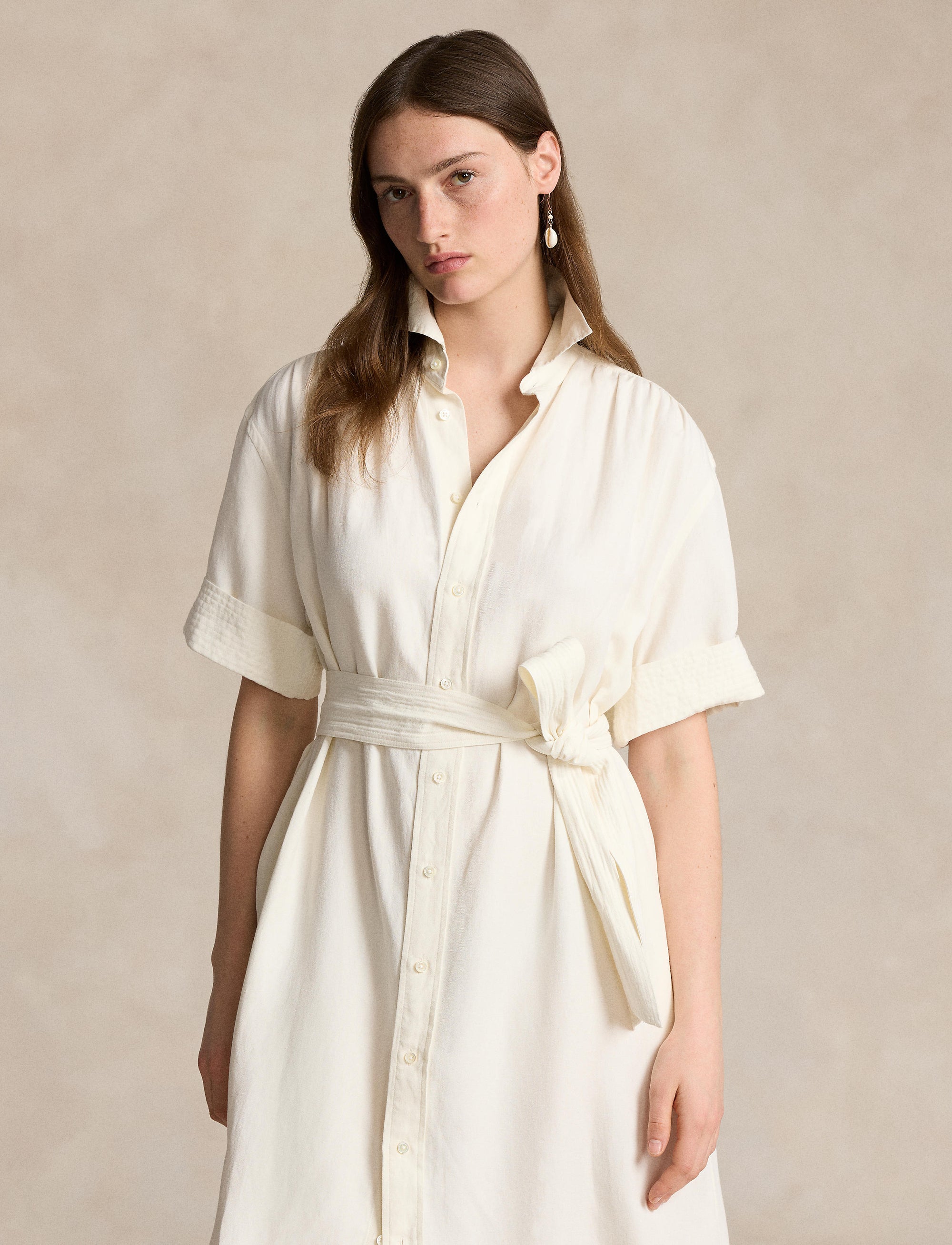 Robe-chemise ceinturée en soie et mélangé - Antique Cream