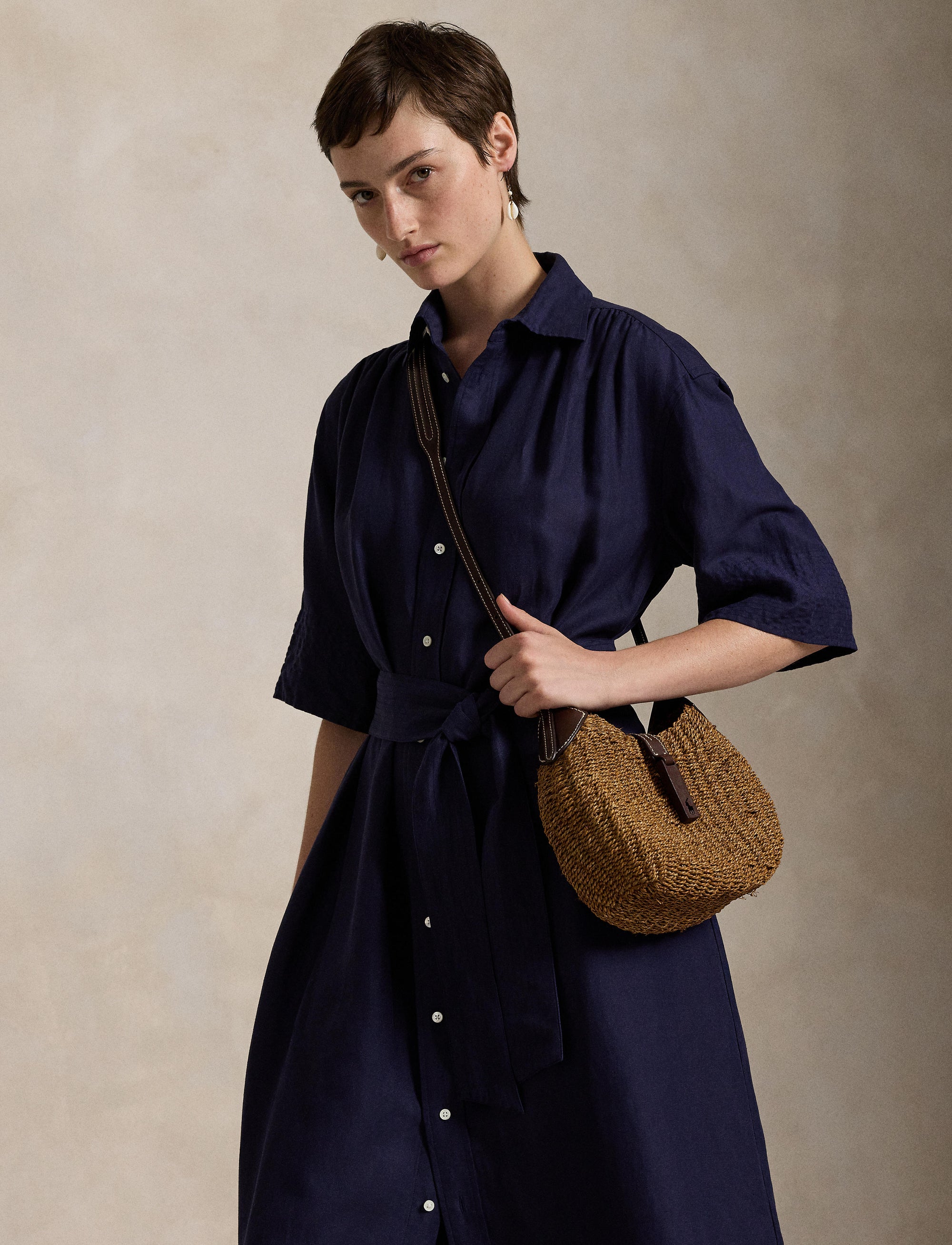 Belted silk and blended shirt-dress - New Navy