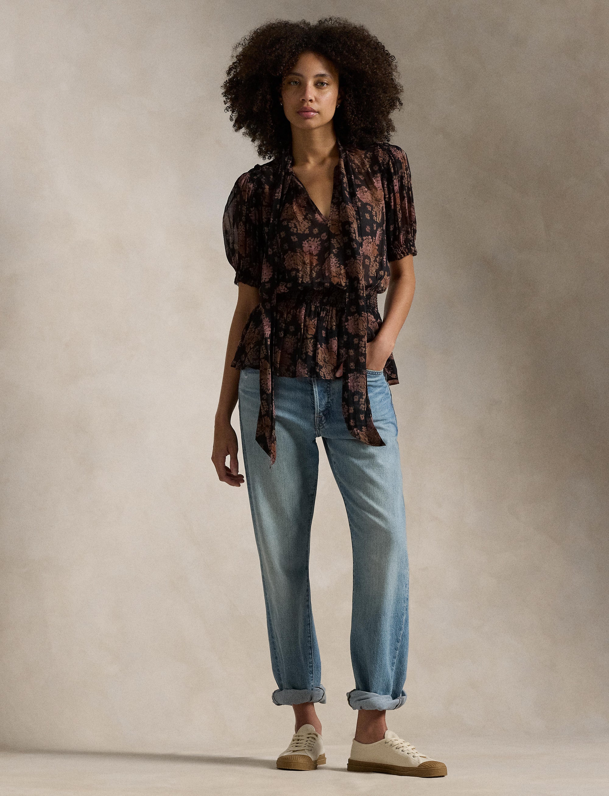 Basque blouse in floral georgette - Sunset Bloom