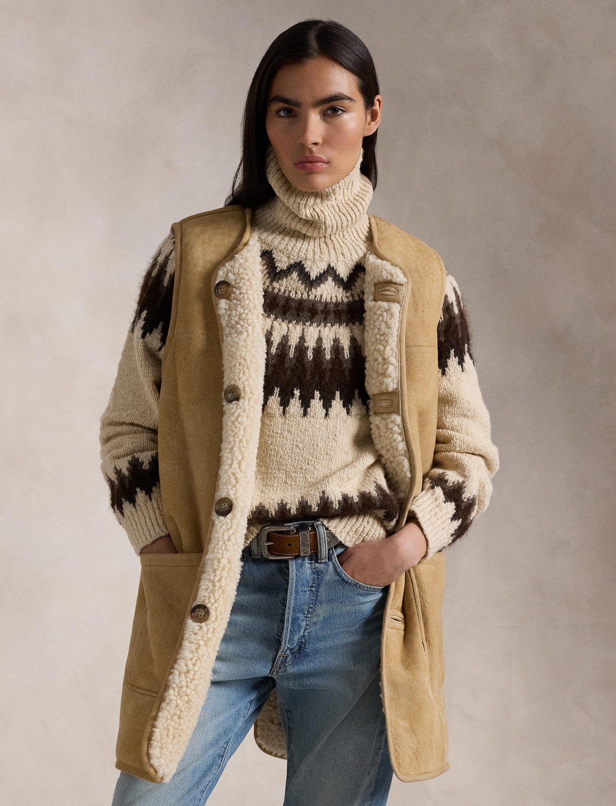 Reversible wool waistcoat - Vintage Saddle-Cream