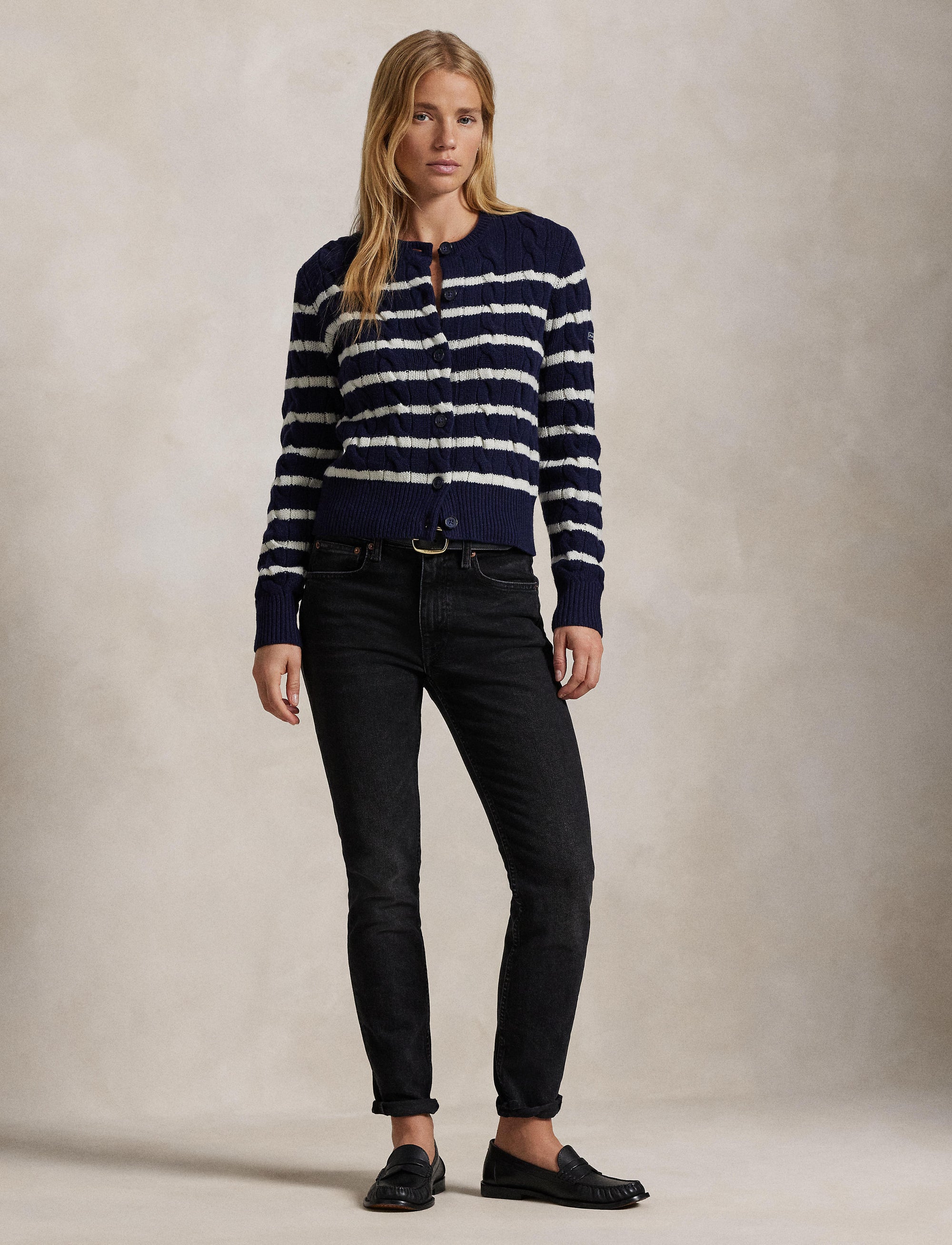 Cardigan rayé torsadé en laine et cachemire mélangé - Hunter Navy & Authentic Cream