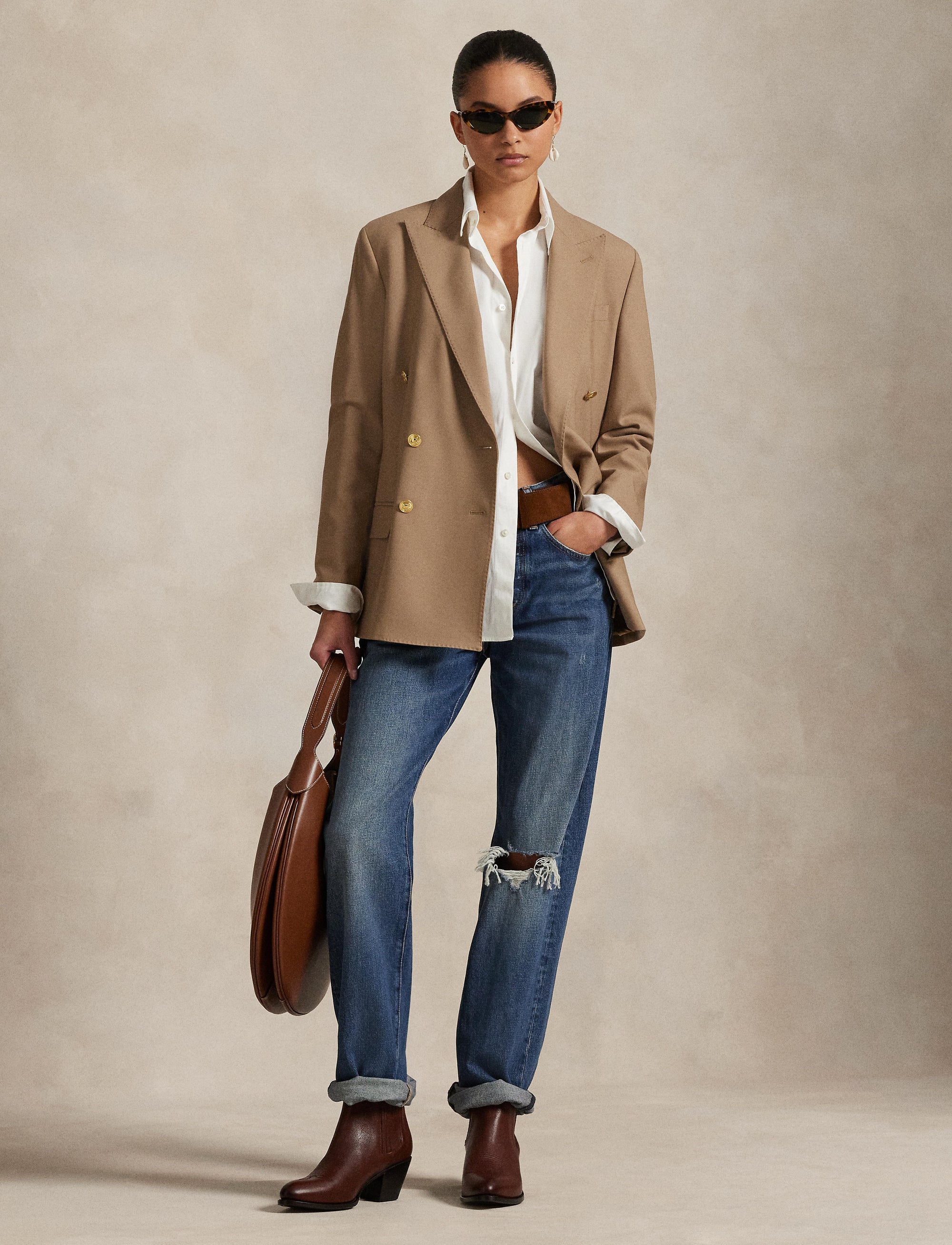 Blazer croisé en laine stretch - Camel