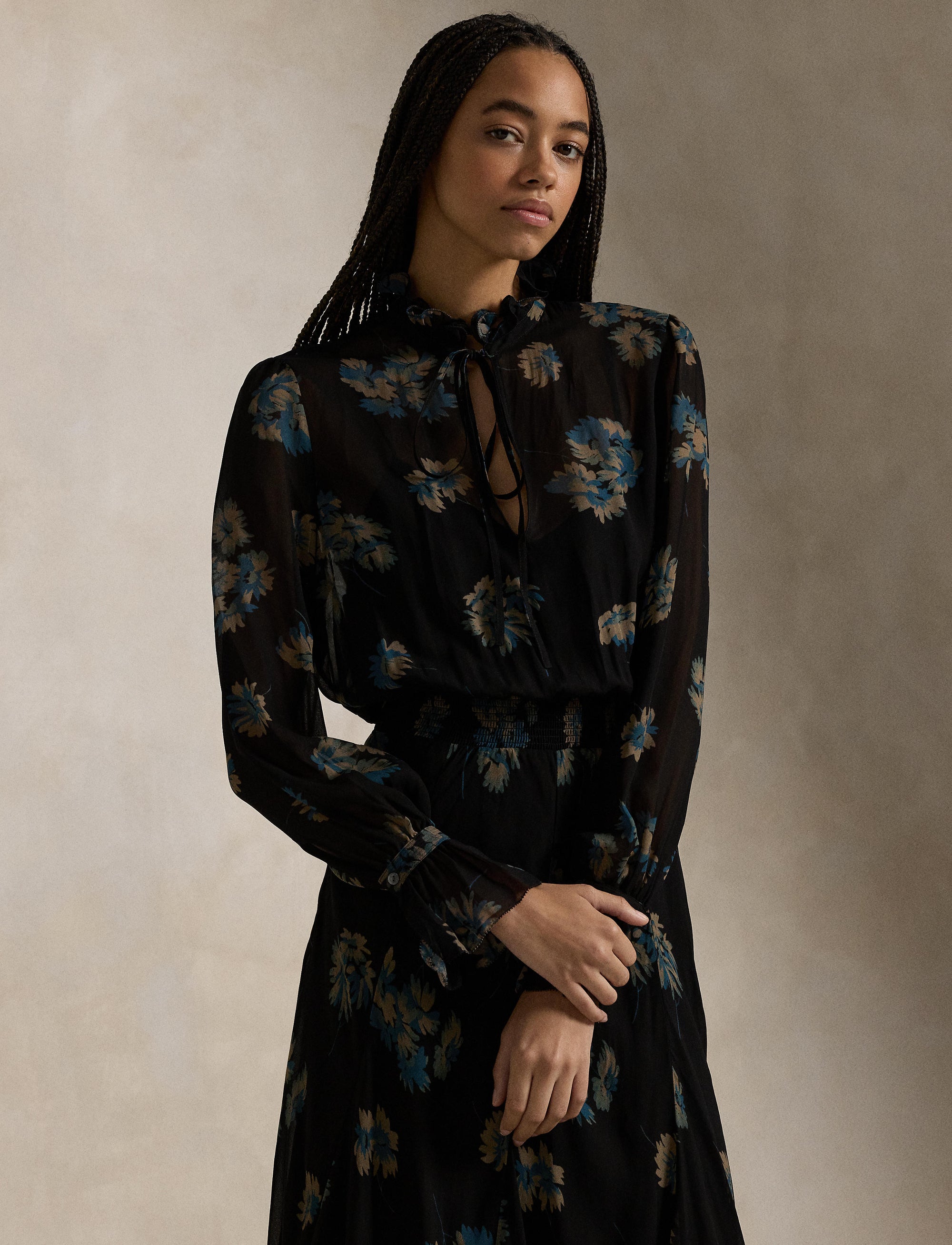 Floral georgette ruffled dress - Midnight Gardenia