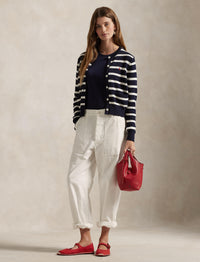 Cardigan rayé à col rond en coton - Navy, White & Multicolore