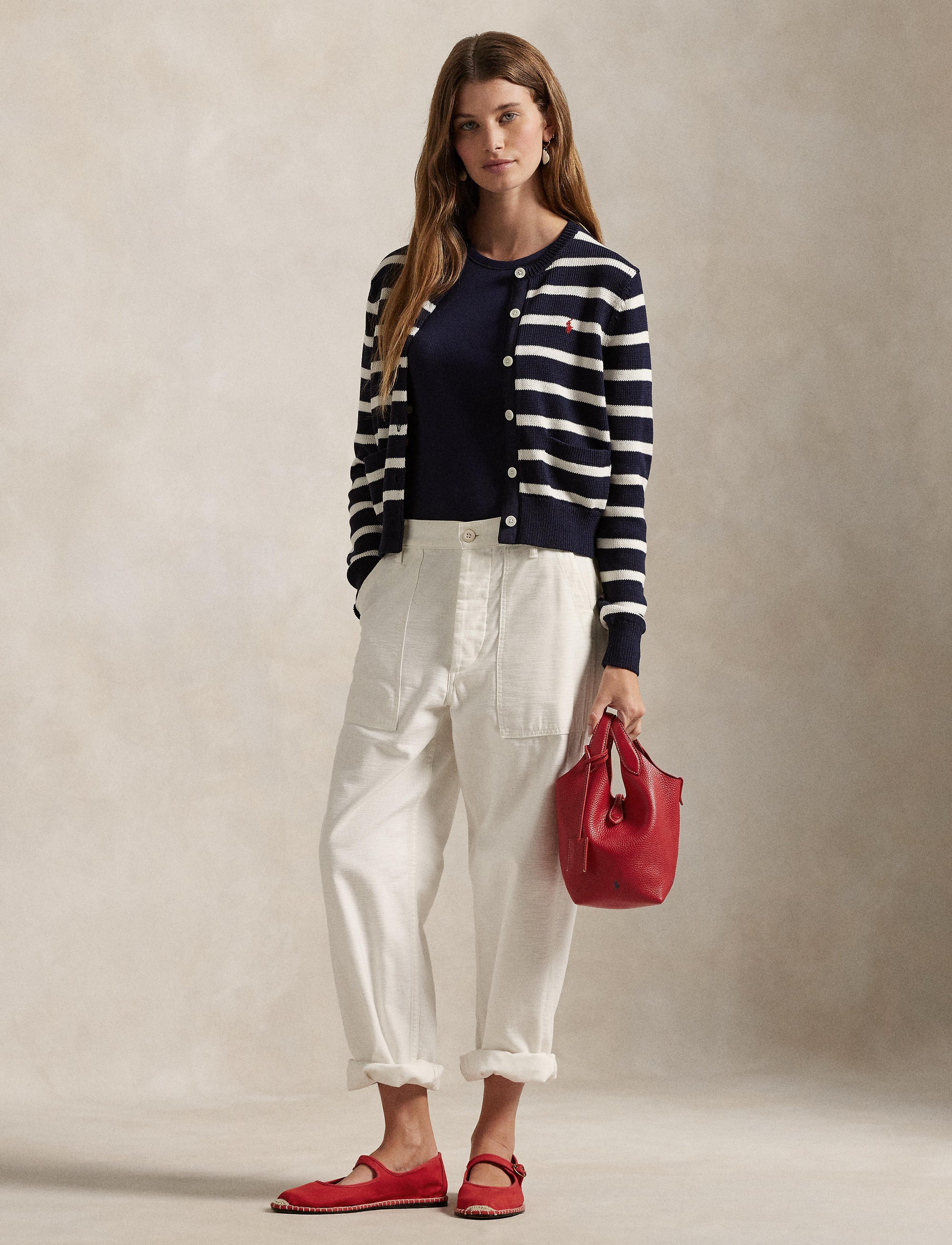 Cardigan rayé à col rond en coton - Navy, White & Multicolore