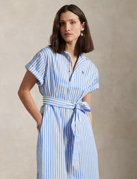 Robe-chemise ceinturée en coton rayé  - Blue & White Stripe