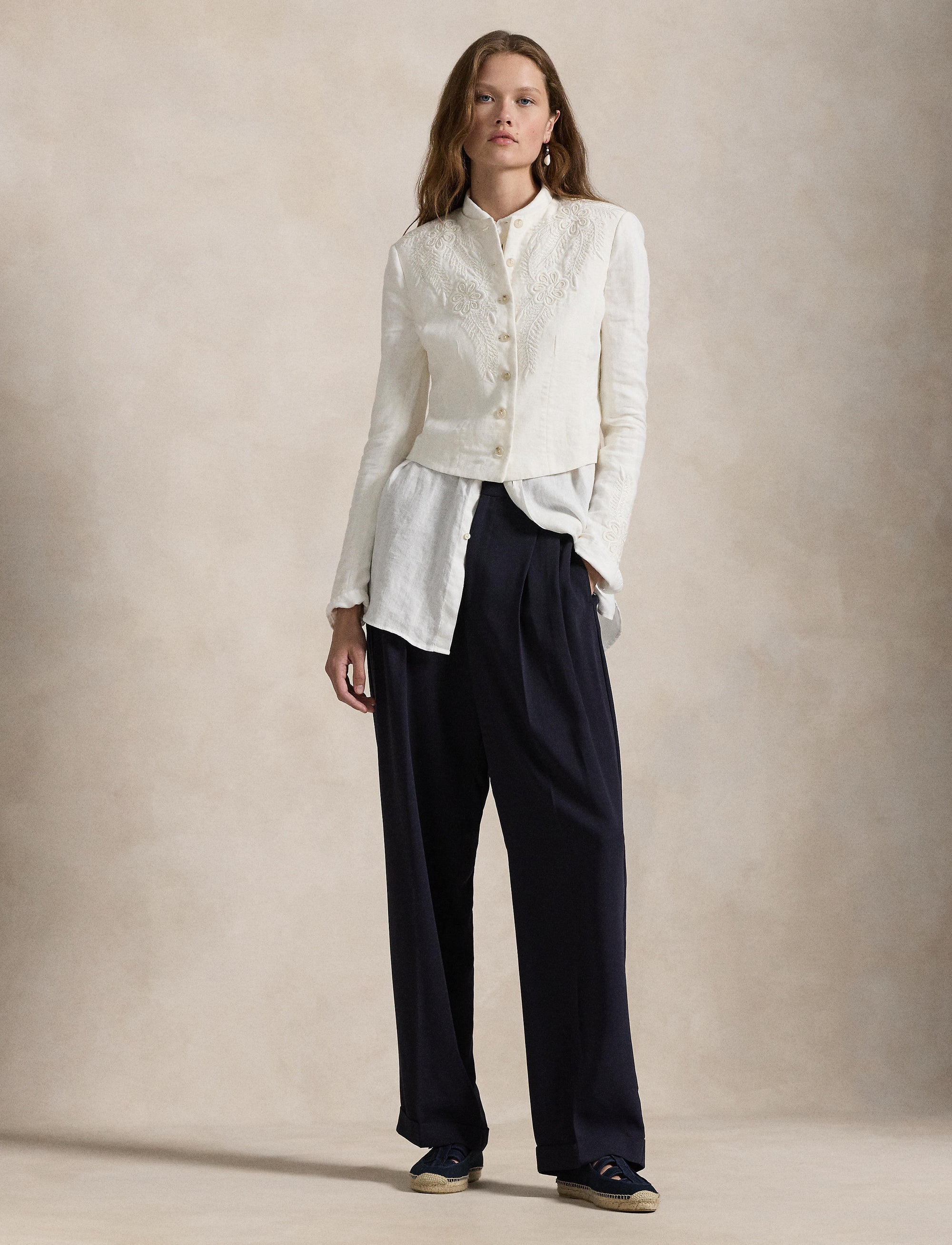 Veste à broderie fleurie en lin - Cream