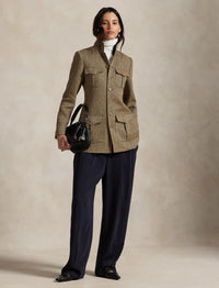 Linen and silk blend herringbone mock neck jacket - Brown & Cream Herringbone