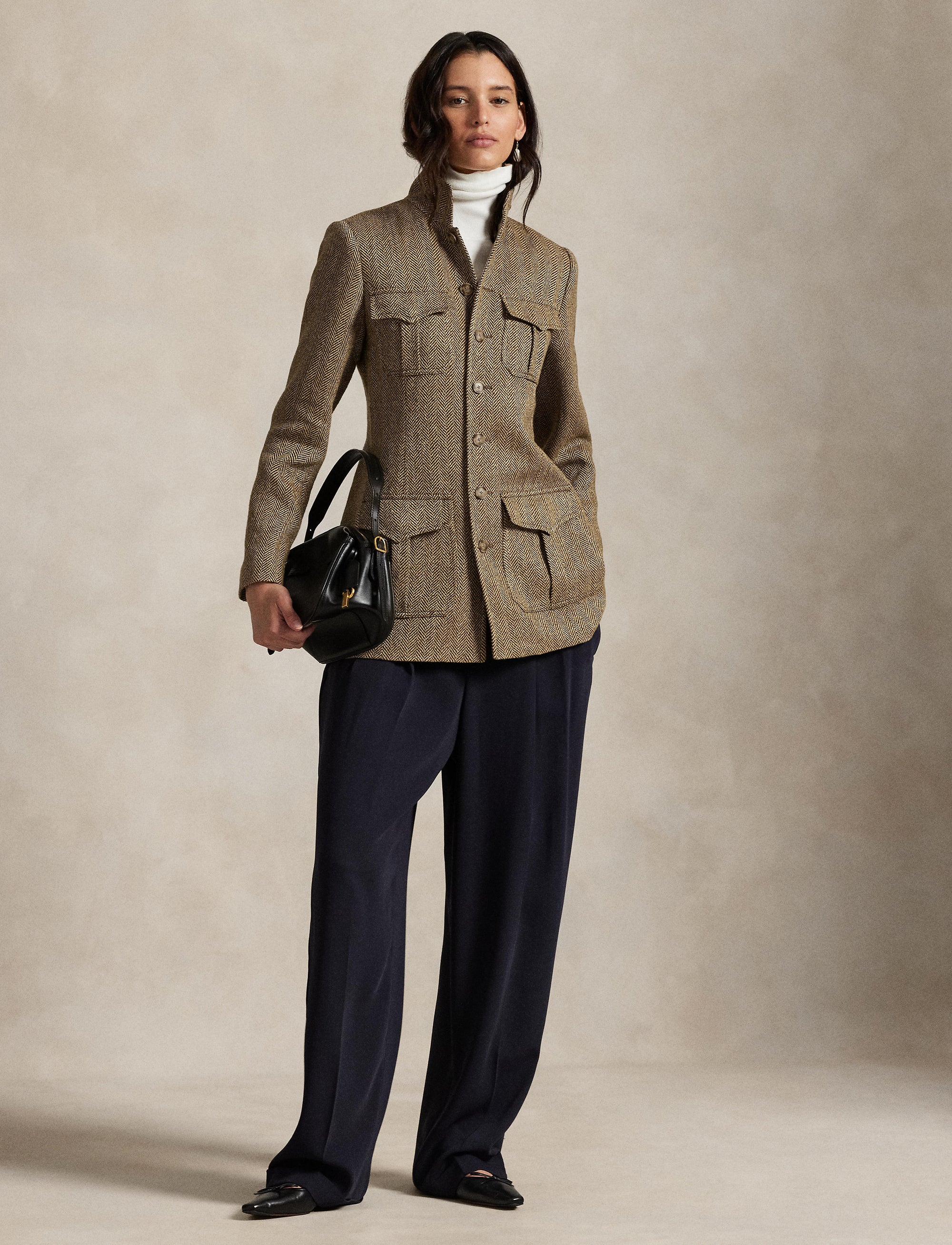 Linen and silk blend herringbone mock neck jacket - Brown & Cream Herringbone