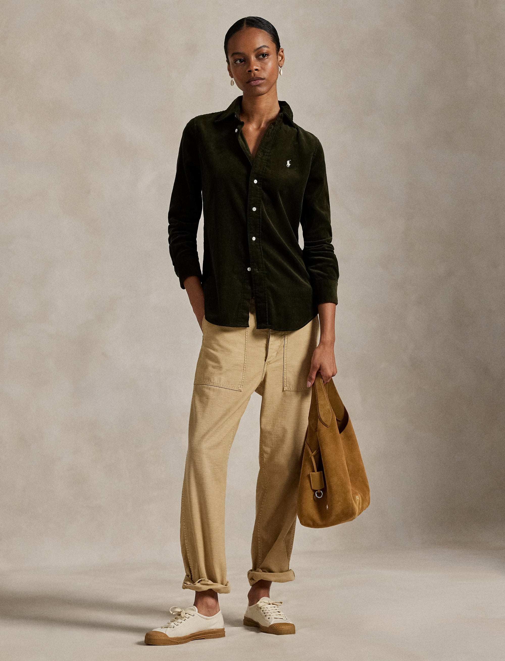 Slim Fit Cotton Velour Shirt - Olive