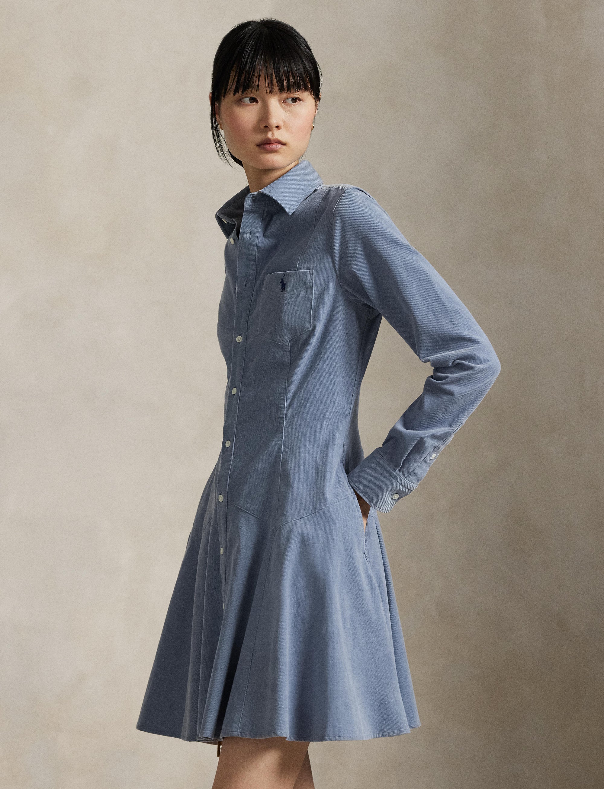 Robe-chemise trapèze en velours côtelé - Blue