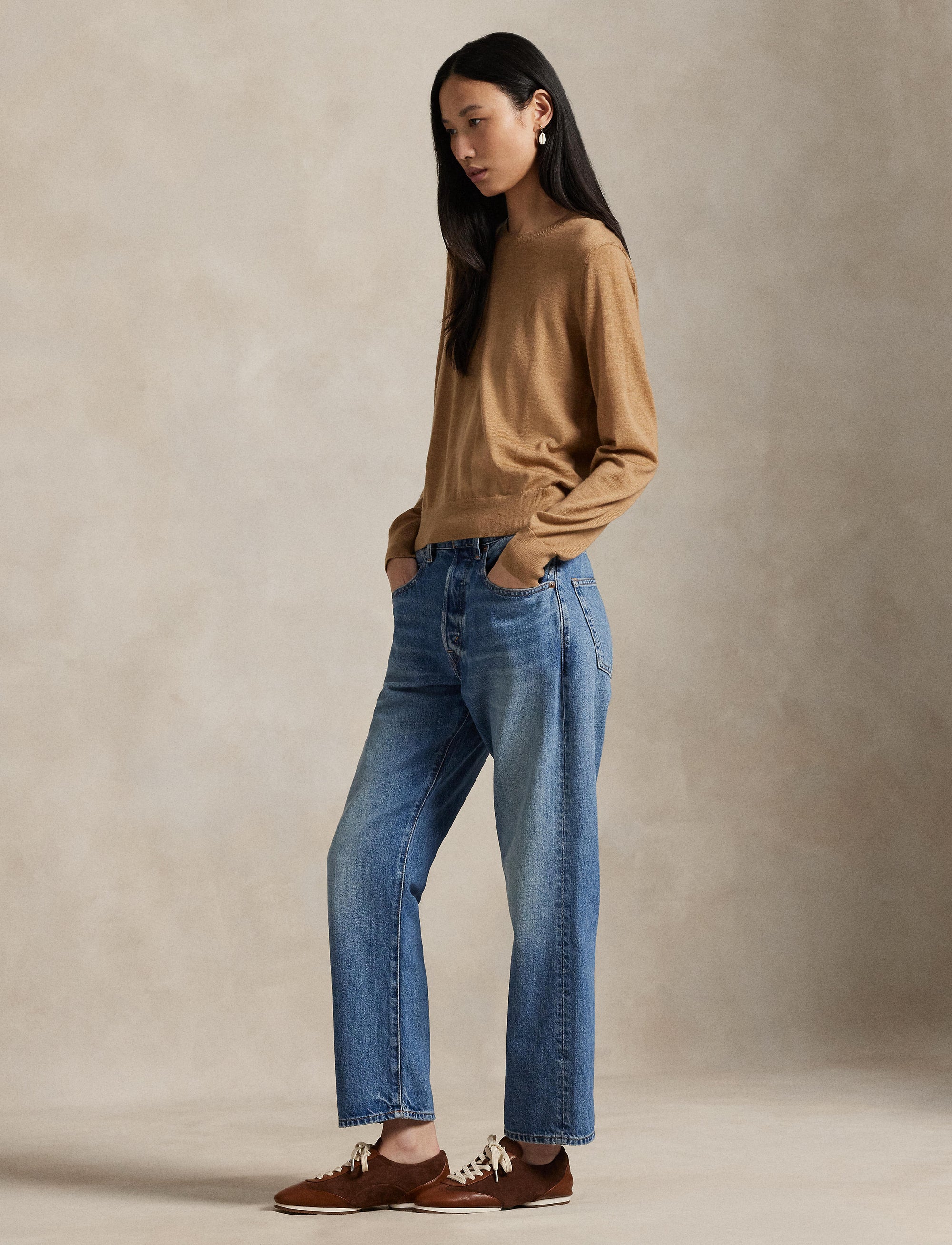 Wool round-neck jumper - Camel Melange collection
