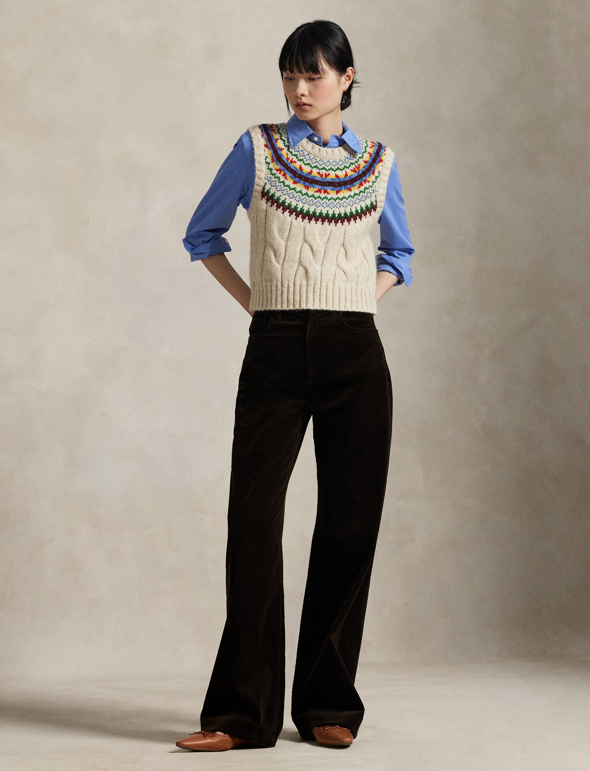 Tank jumper with Fair Isle yoke - Tan & Multicolour