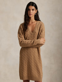 Robe-pull torsadée col V en laine et cachemire mélangé - Collection Camel Melange