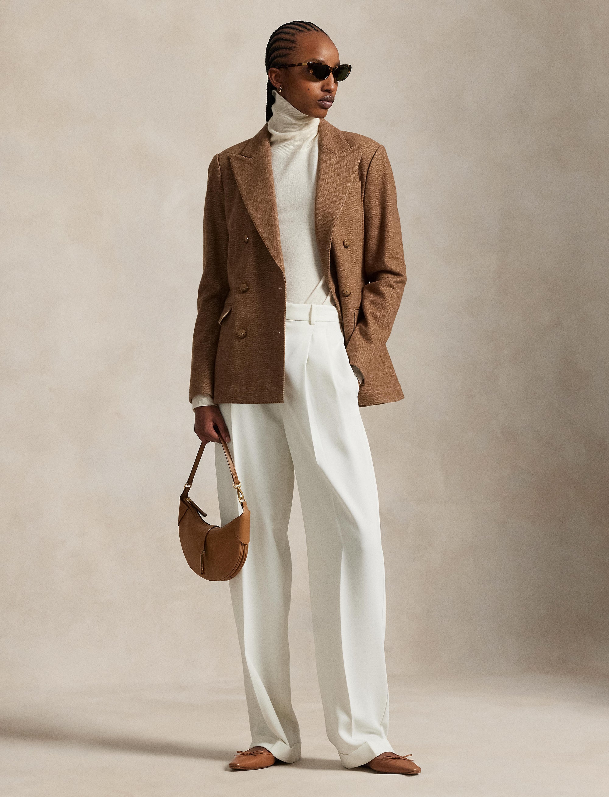 Blazer croisé à chevrons en laine - Tan Herringbone