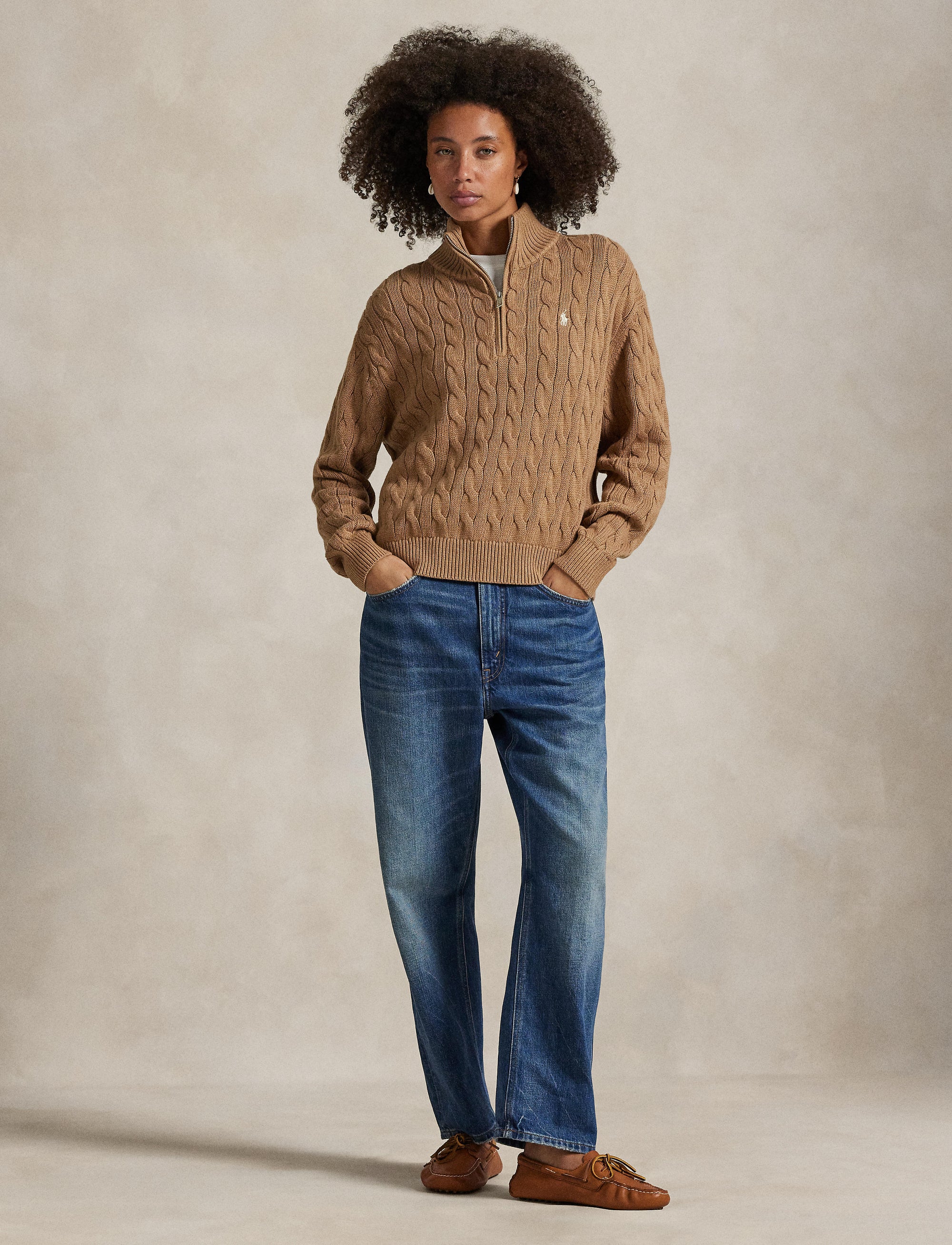 Pull demi-zippé et torsadé en coton - Collection Camel Melange
