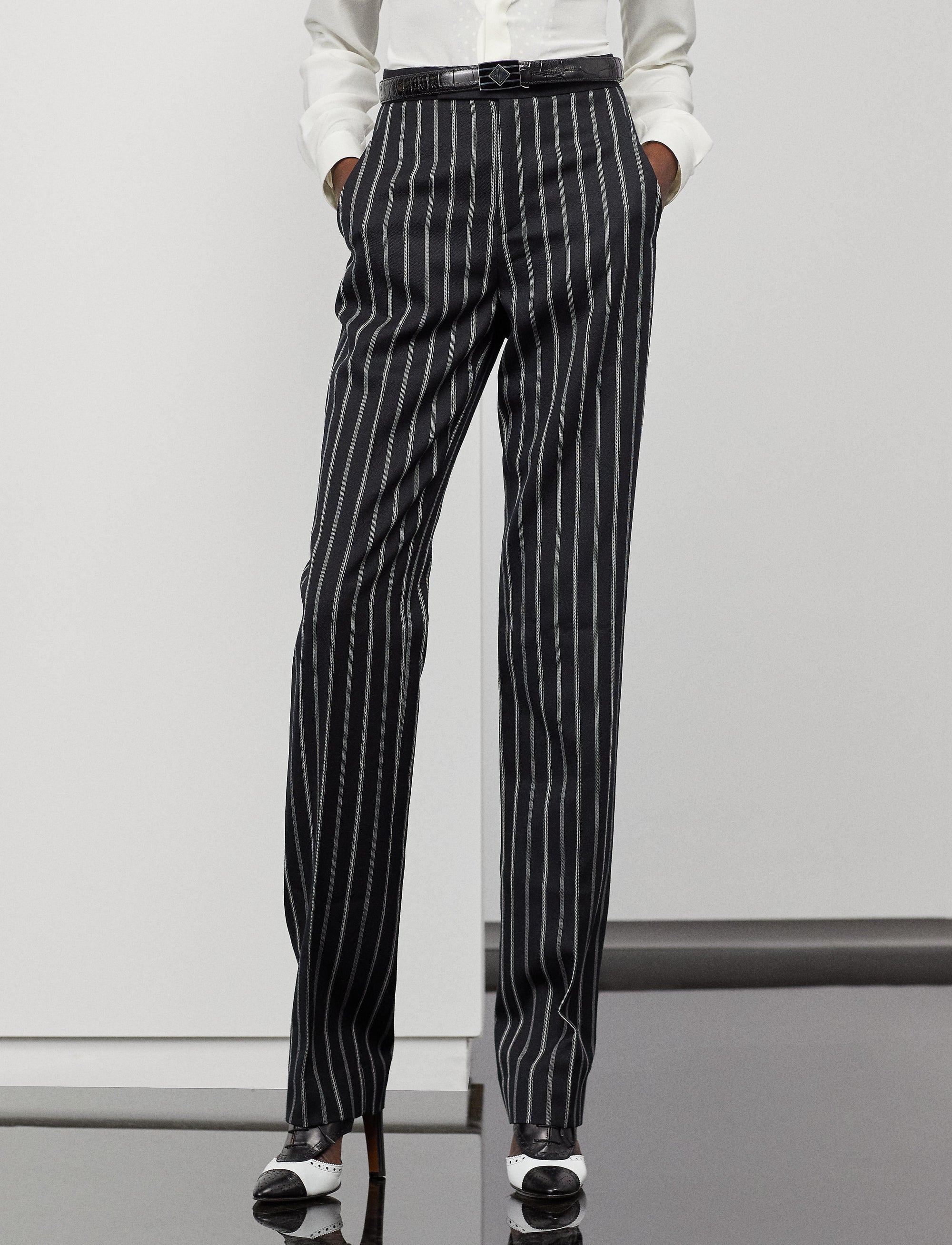 Pantalon Alaina en laine milleraies - Black & Cream