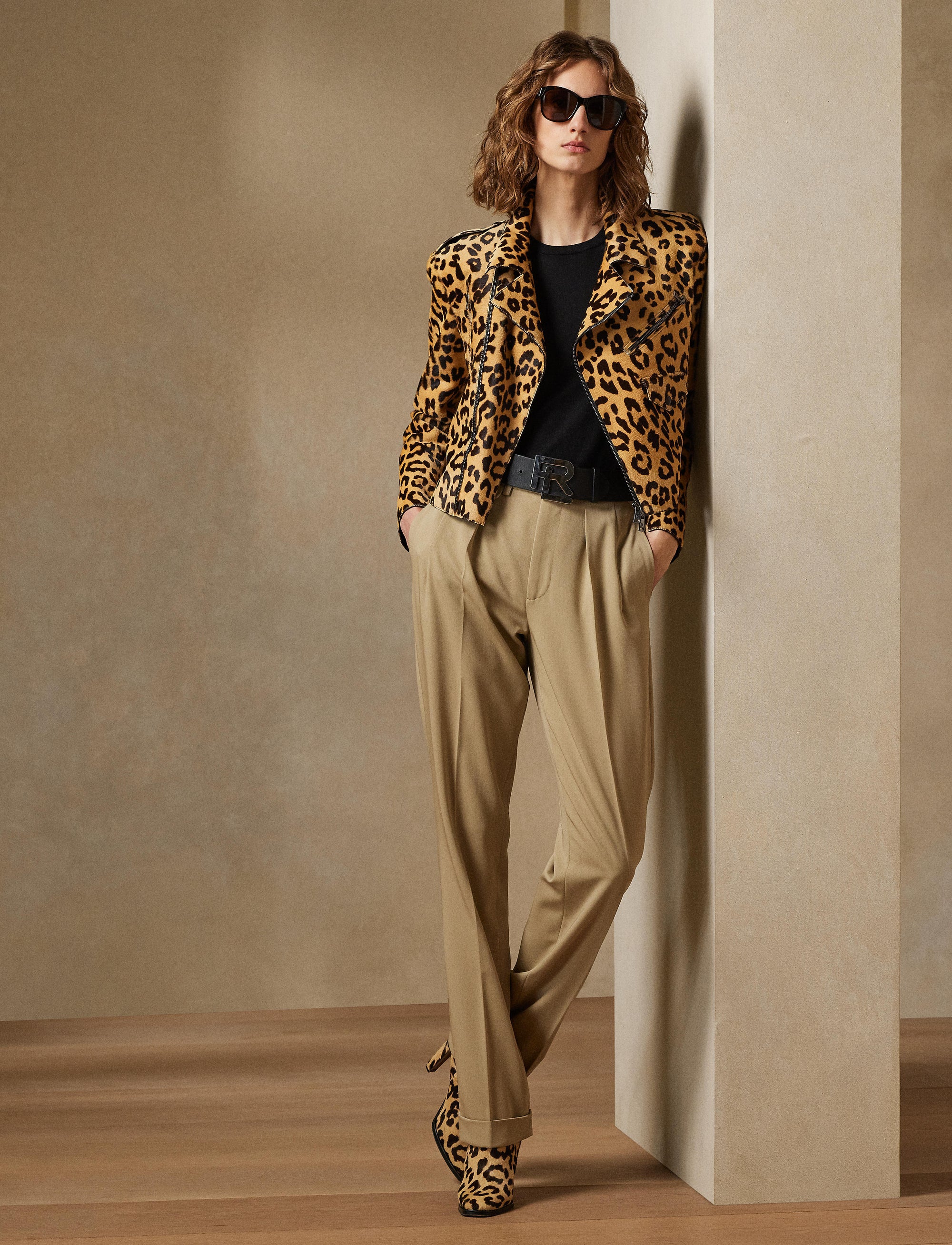Veste Bevelyn motif léopard en cuir - Tan, Black & Cream